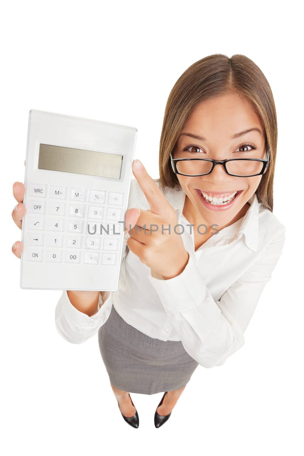 Accountant gleeful woman pointing to a calculator by Maridav