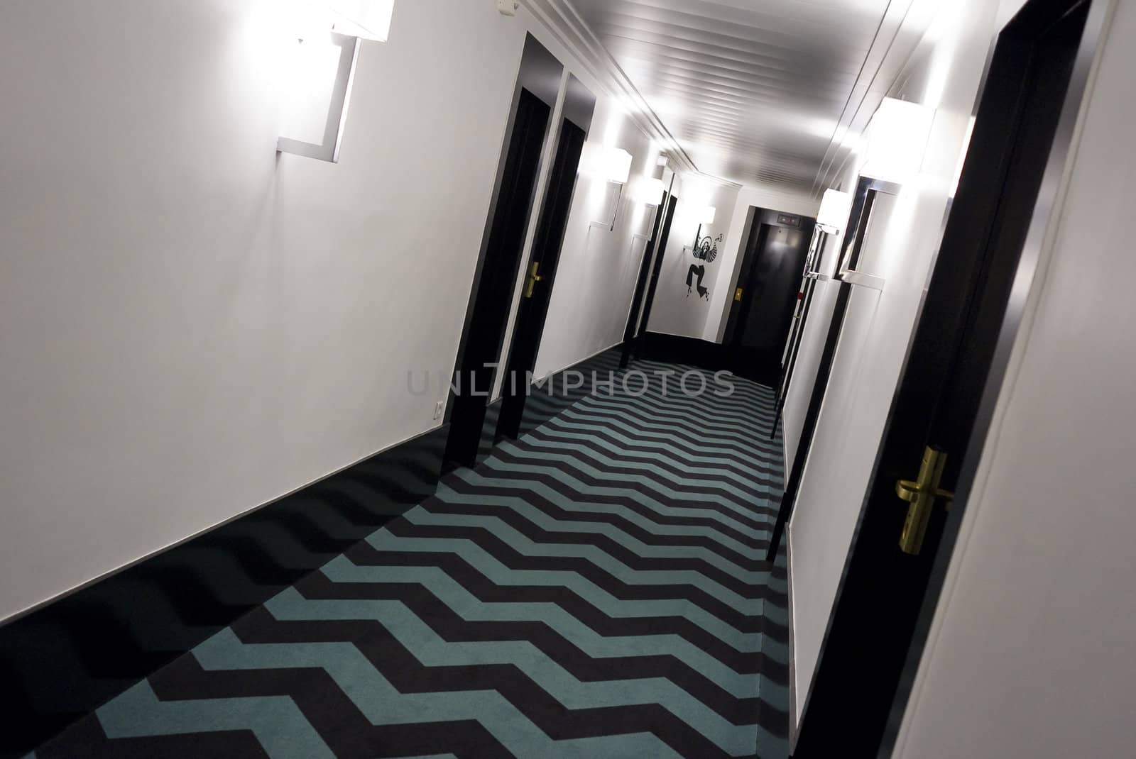 Interior of newly renovated hotel corridor - Paris, France.