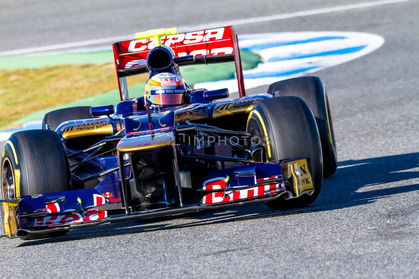 JEREZ DE LA FRONTERA, SPAIN - FEB 10: Jean Eric Vergne of Toro Rosso F1 races on training session on February 10 , 2012, in Jerez de la Frontera , Spain
