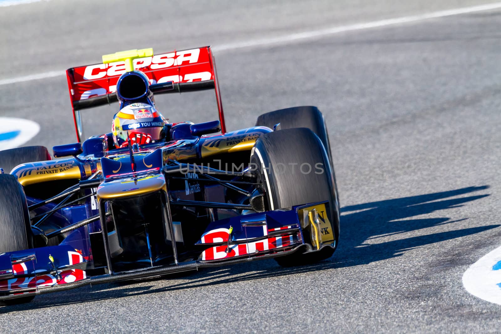 JEREZ DE LA FRONTERA, SPAIN - FEB 10: Jean Eric Vergne of Toro Rosso F1 races on training session on February 10 , 2012, in Jerez de la Frontera , Spain