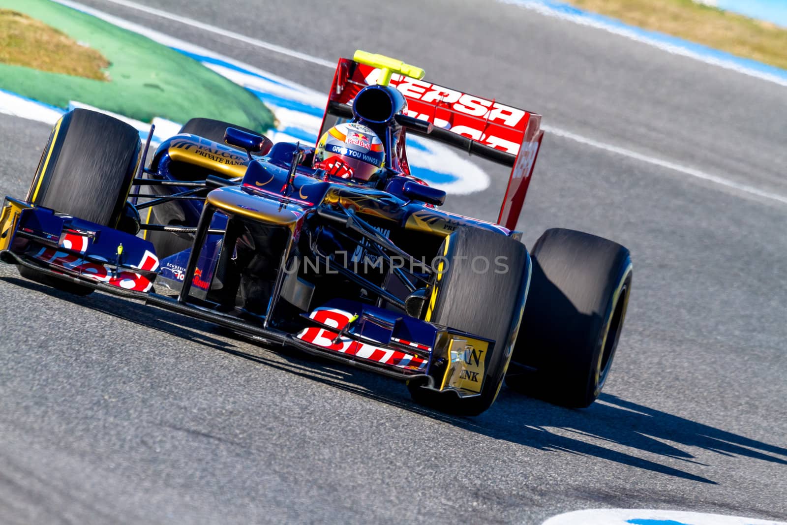 JEREZ DE LA FRONTERA, SPAIN - FEB 10: Jean Eric Vergne of Toro Rosso F1 races on training session on February 10 , 2012, in Jerez de la Frontera , Spain