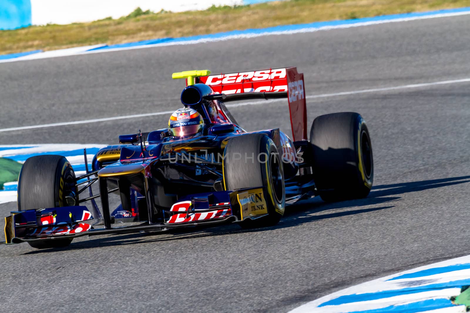 JEREZ DE LA FRONTERA, SPAIN - FEB 10: Jean Eric Vergne of Toro Rosso F1 races on training session on February 10 , 2012, in Jerez de la Frontera , Spain