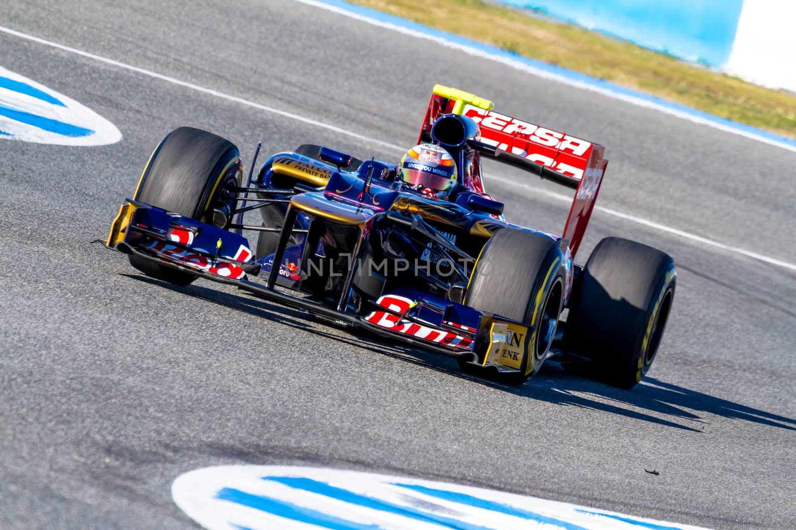 JEREZ DE LA FRONTERA, SPAIN - FEB 10: Jean Eric Vergne of Toro Rosso F1 races on training session on February 10 , 2012, in Jerez de la Frontera , Spain