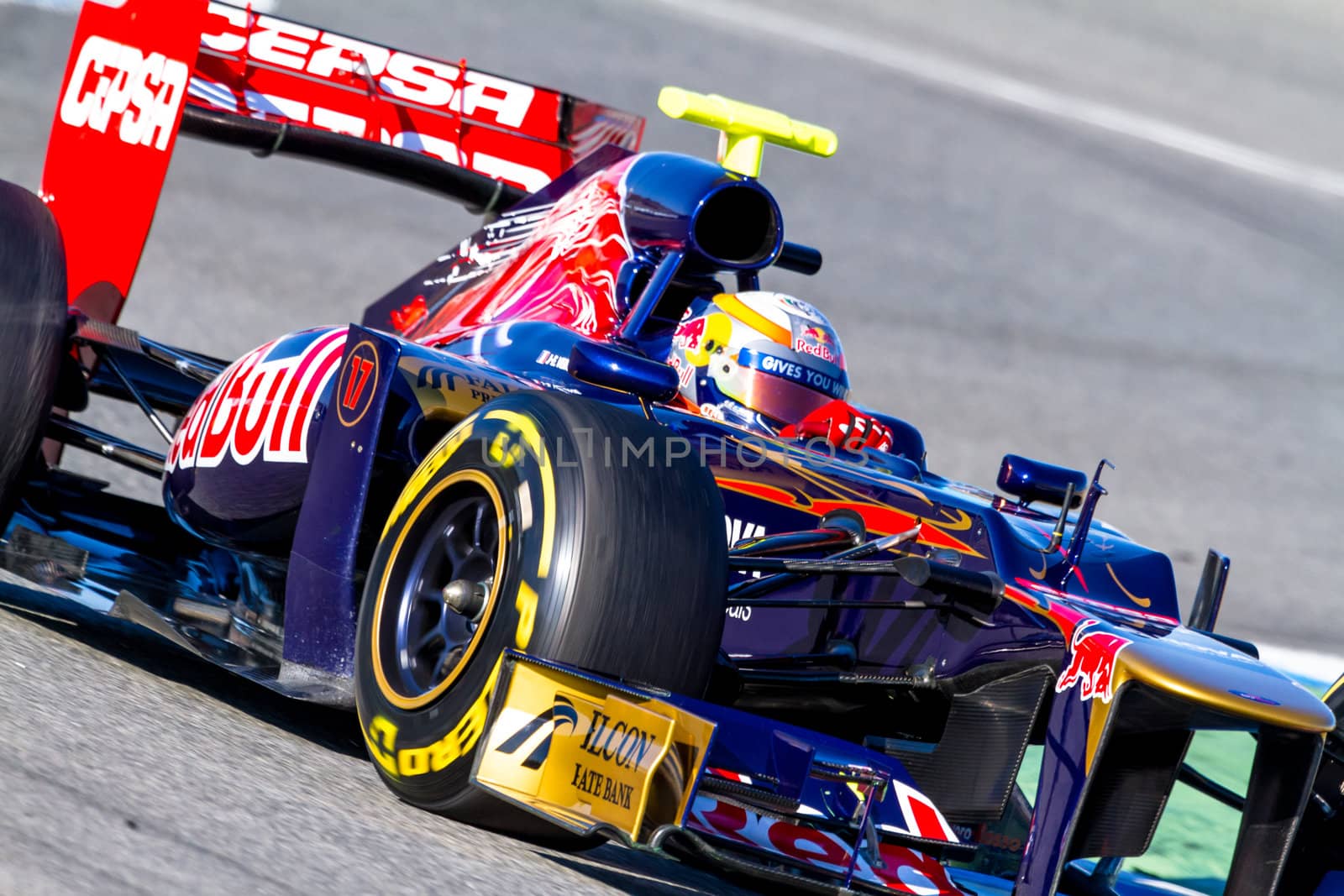 JEREZ DE LA FRONTERA, SPAIN - FEB 10: Jean Eric Vergne of Toro Rosso F1 races on training session on February 10 , 2012, in Jerez de la Frontera , Spain