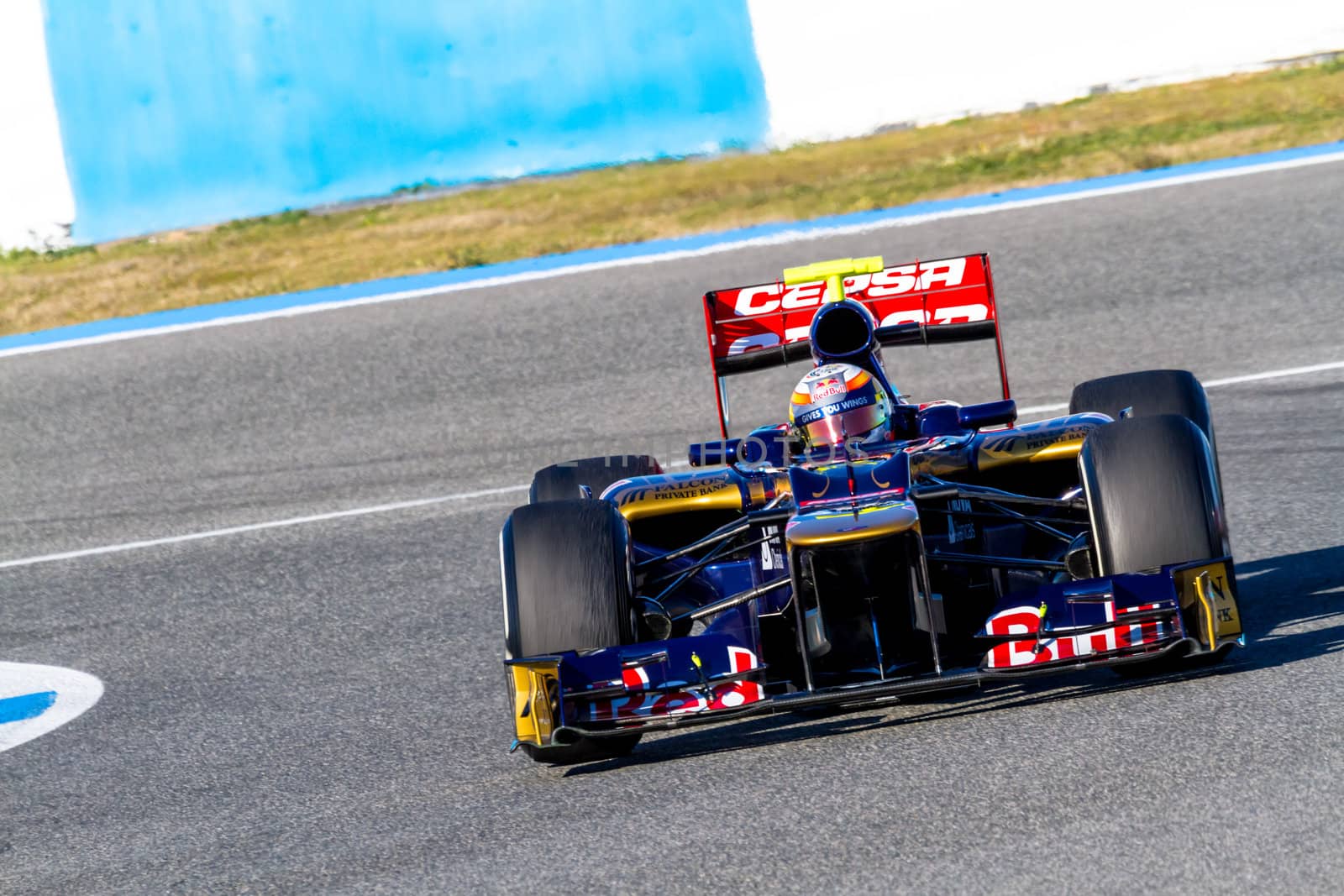 JEREZ DE LA FRONTERA, SPAIN - FEB 10: Jean Eric Vergne of Toro Rosso F1 races on training session on February 10 , 2012, in Jerez de la Frontera , Spain