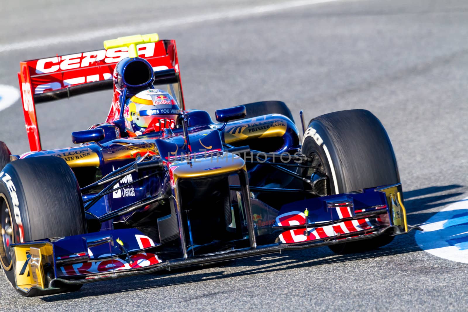 JEREZ DE LA FRONTERA, SPAIN - FEB 10: Jean Eric Vergne of Toro Rosso F1 races on training session on February 10 , 2012, in Jerez de la Frontera , Spain