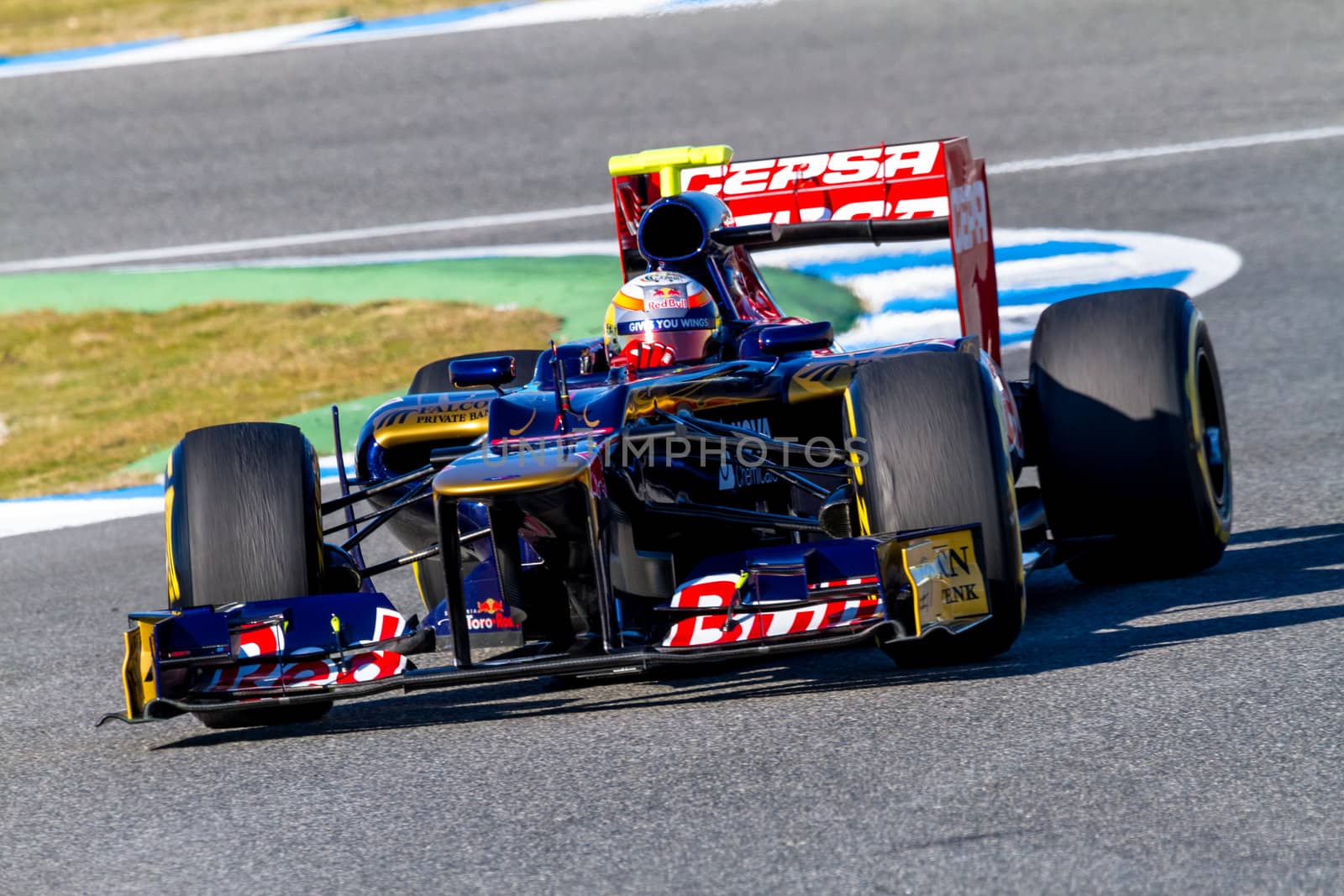 JEREZ DE LA FRONTERA, SPAIN - FEB 10: Jean Eric Vergne of Toro Rosso F1 races on training session on February 10 , 2012, in Jerez de la Frontera , Spain