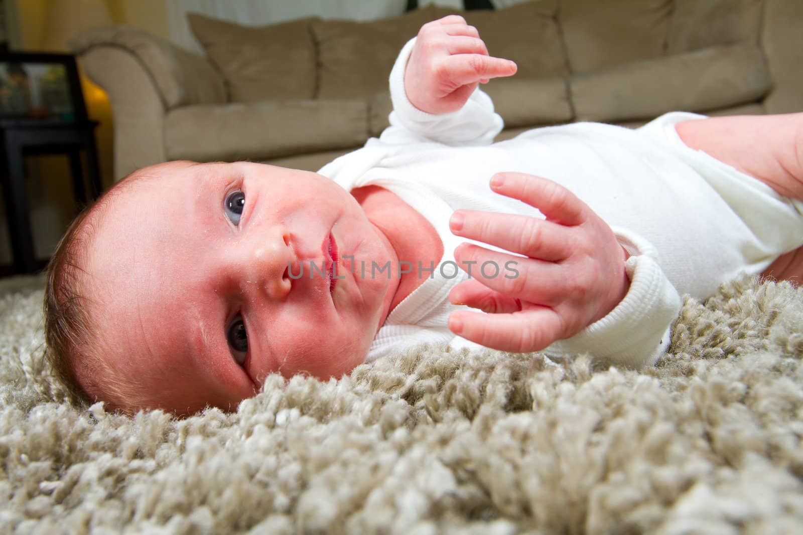 A young newborn baby boy rests wrapped up in a blanket and looking comfortable and cozy.