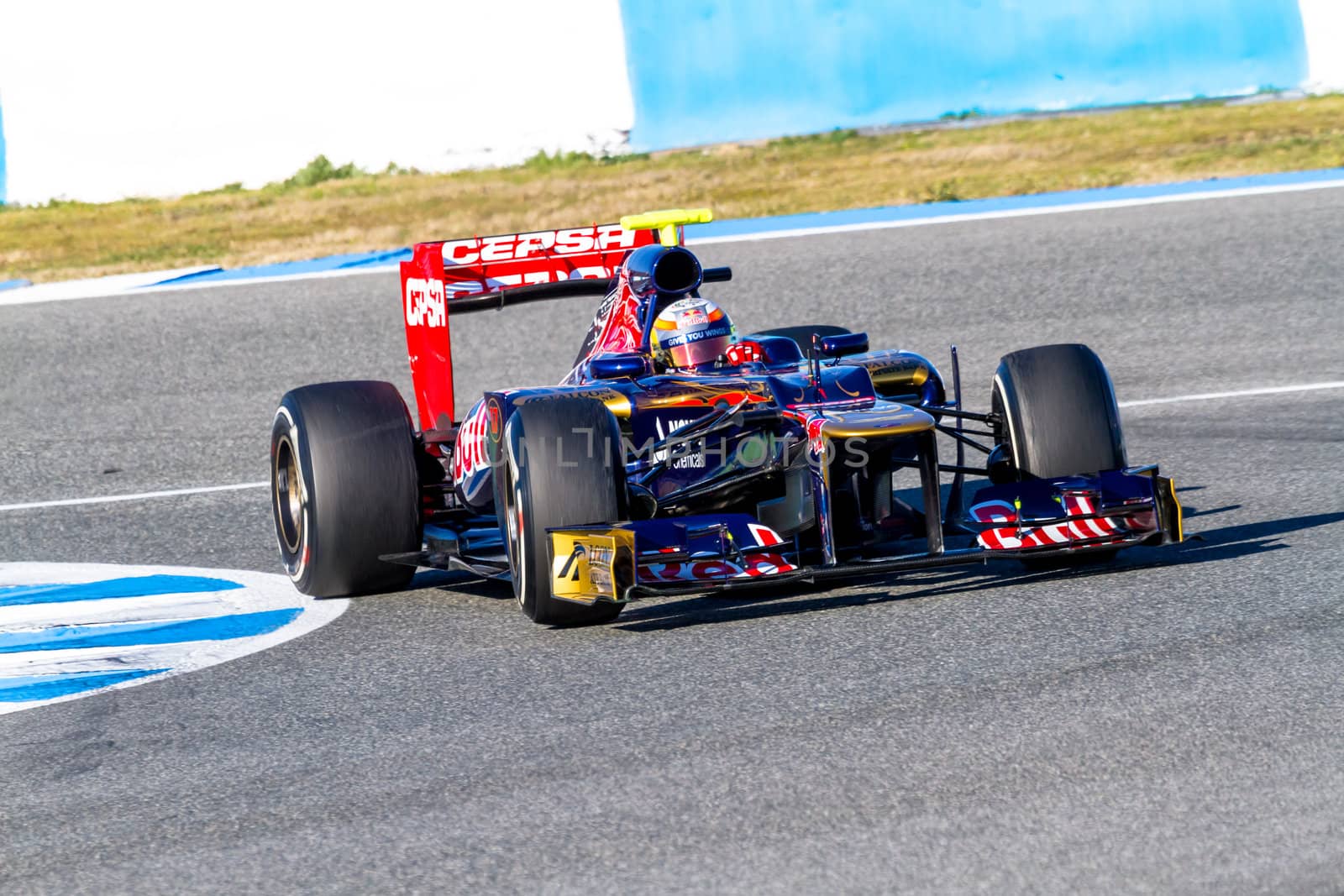 JEREZ DE LA FRONTERA, SPAIN - FEB 10: Jean Eric Vergne of Toro Rosso F1 races on training session on February 10 , 2012, in Jerez de la Frontera , Spain