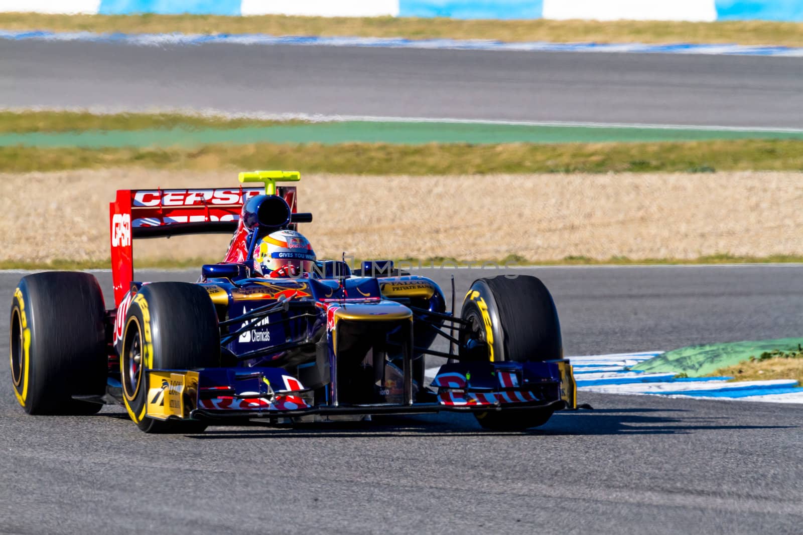 JEREZ DE LA FRONTERA, SPAIN - FEB 10: Jean Eric Vergne of Toro Rosso F1 races on training session on February 10 , 2012, in Jerez de la Frontera , Spain