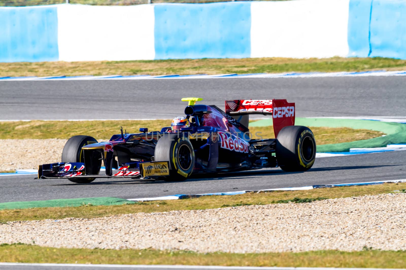 JEREZ DE LA FRONTERA, SPAIN - FEB 10: Jean Eric Vergne of Toro Rosso F1 races on training session on February 10 , 2012, in Jerez de la Frontera , Spain