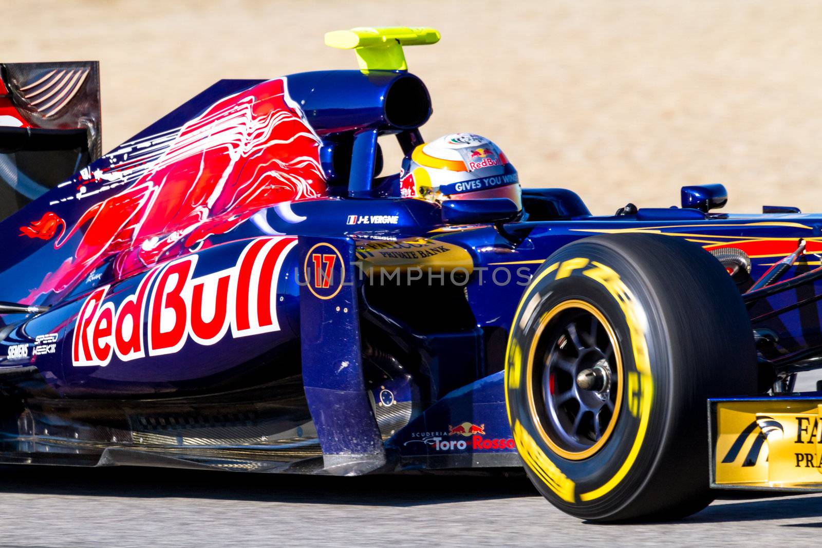 JEREZ DE LA FRONTERA, SPAIN - FEB 10: Jean Eric Vergne of Toro Rosso F1 races on training session on February 10 , 2012, in Jerez de la Frontera , Spain