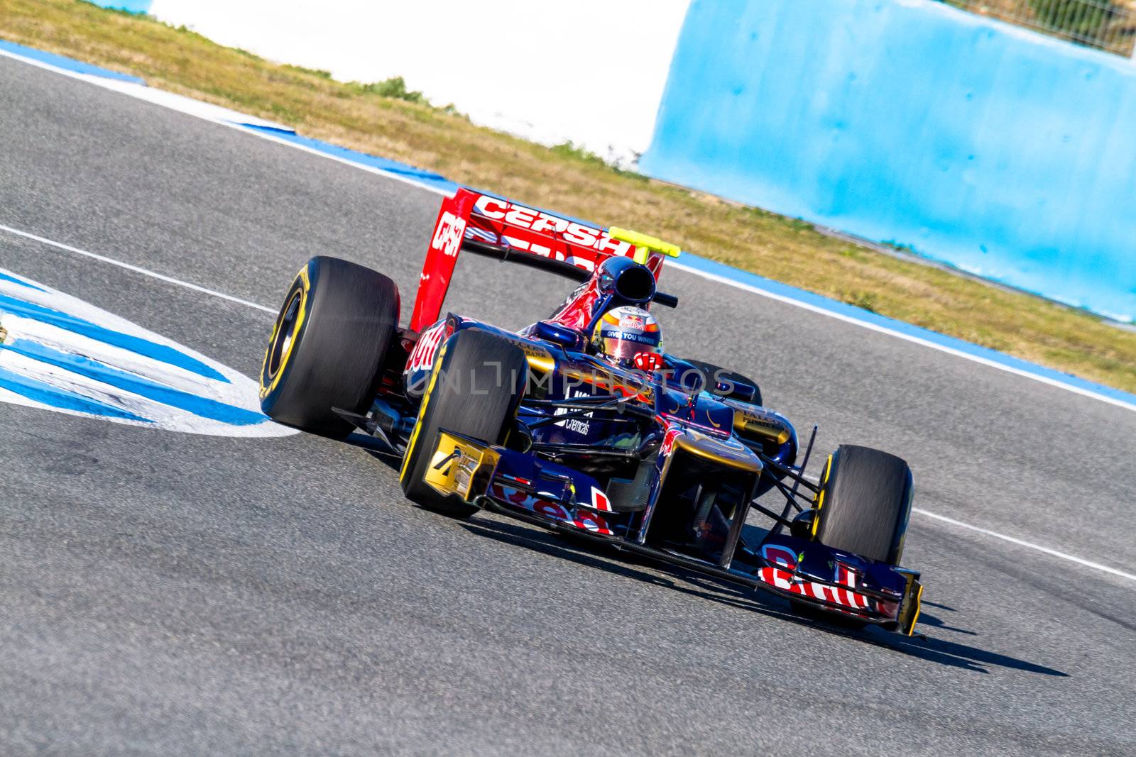 JEREZ DE LA FRONTERA, SPAIN - FEB 10: Jean Eric Vergne of Toro Rosso F1 races on training session on February 10 , 2012, in Jerez de la Frontera , Spain