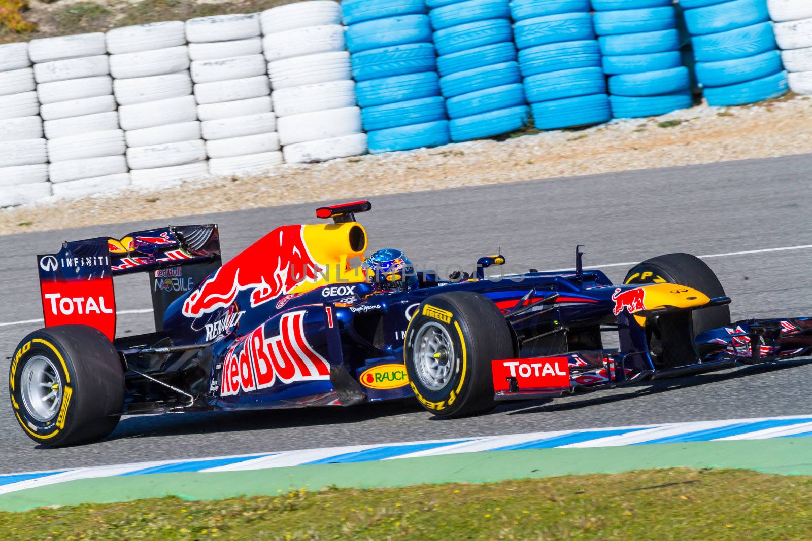 JEREZ DE LA FRONTERA, SPAIN - FEB 10: Sebastian Vettel of Red Bull F1 races on training session on February 10 , 2012, in Jerez de la Frontera , Spain
