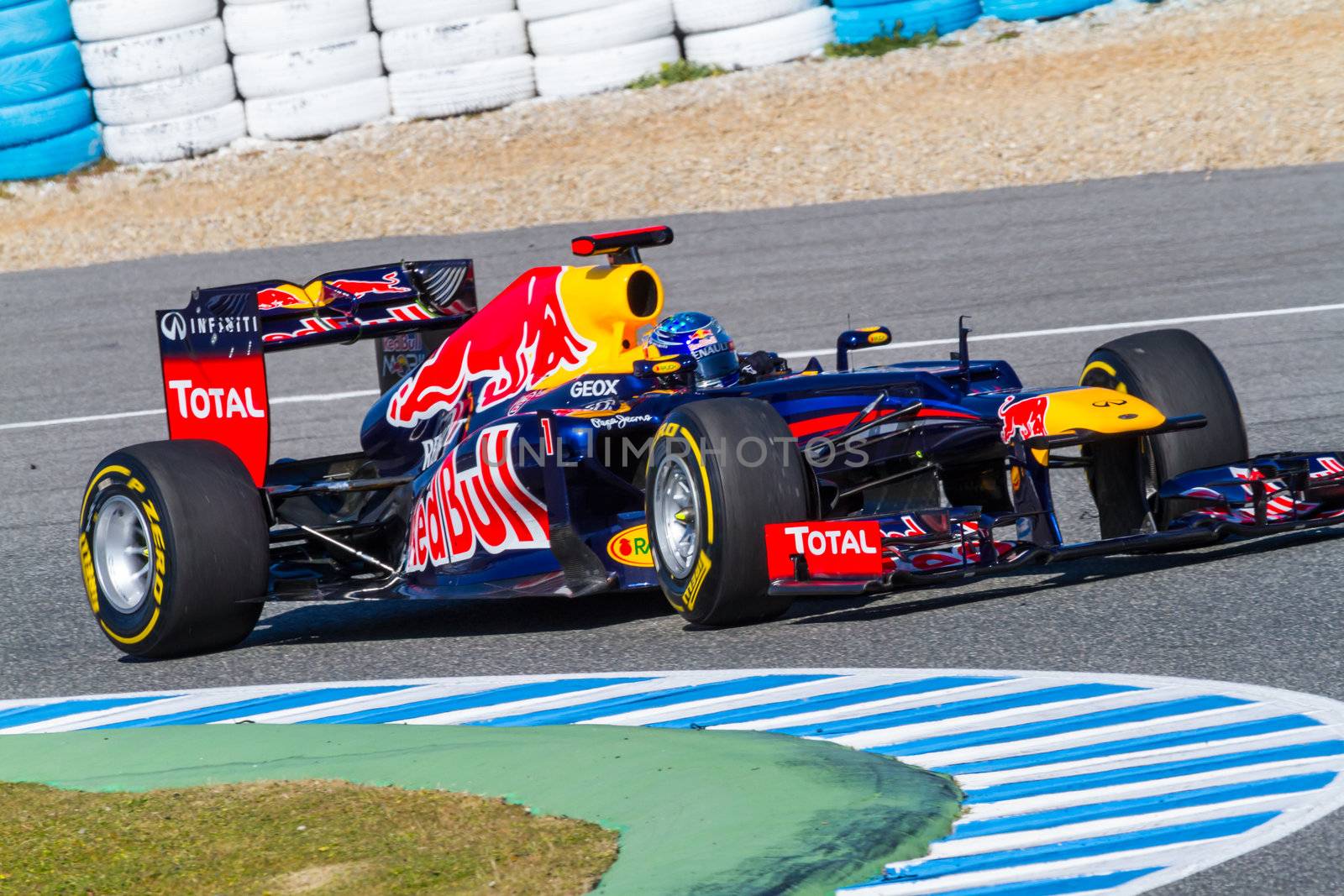 JEREZ DE LA FRONTERA, SPAIN - FEB 10: Sebastian Vettel of Red Bull F1 races on training session on February 10 , 2012, in Jerez de la Frontera , Spain