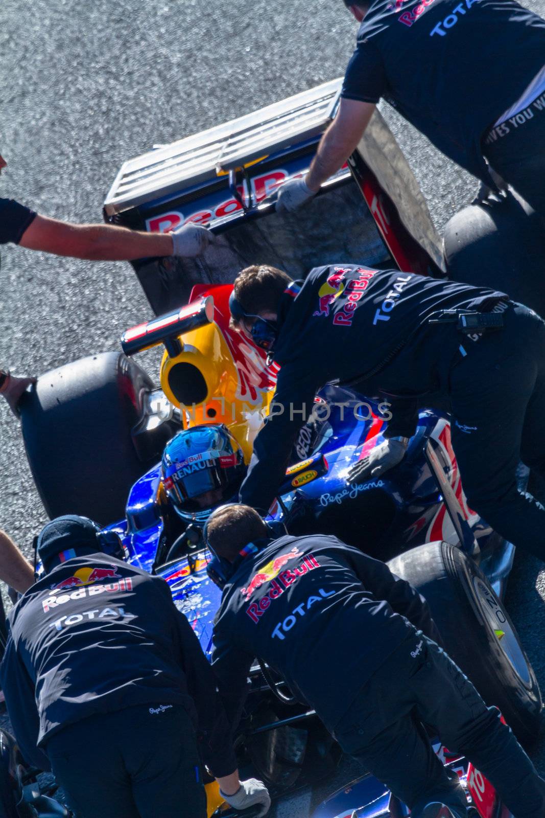 JEREZ DE LA FRONTERA, SPAIN - FEB 10: Sebastian Vettel of Red Bull F1 entering to the pit on training session on February 10 , 2012, in Jerez de la Frontera , Spain