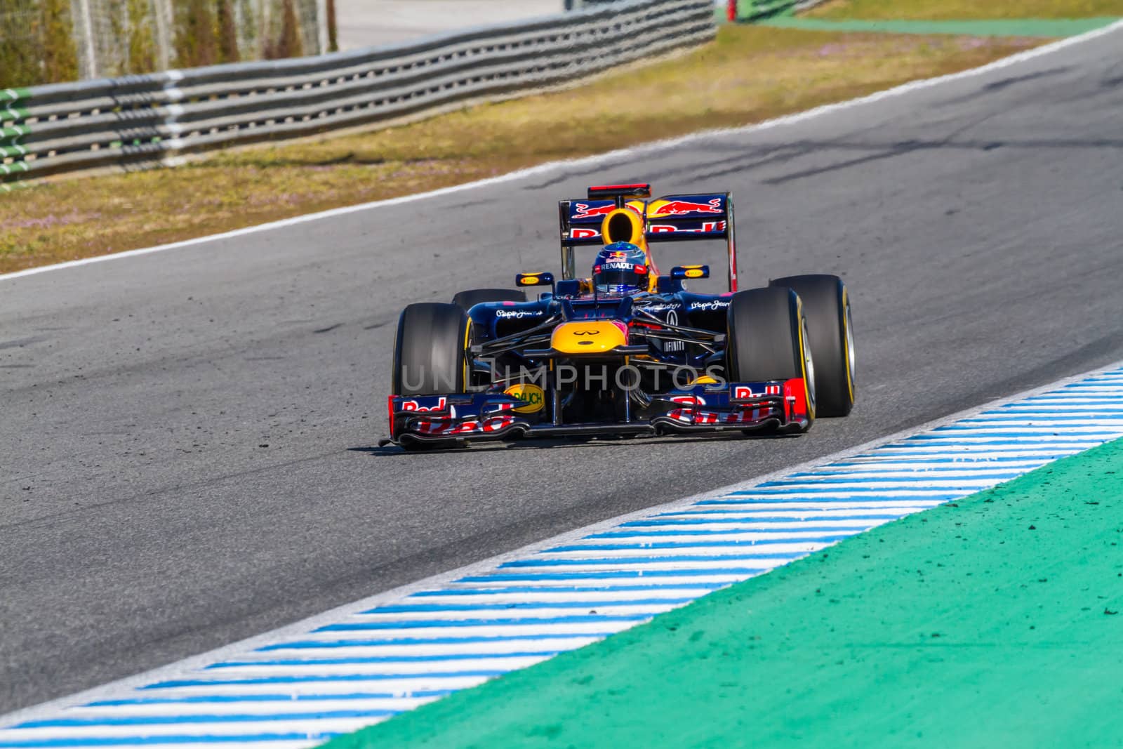 JEREZ DE LA FRONTERA, SPAIN - FEB 10: Sebastian Vettel of Red Bull F1 races on training session on February 10 , 2012, in Jerez de la Frontera , Spain