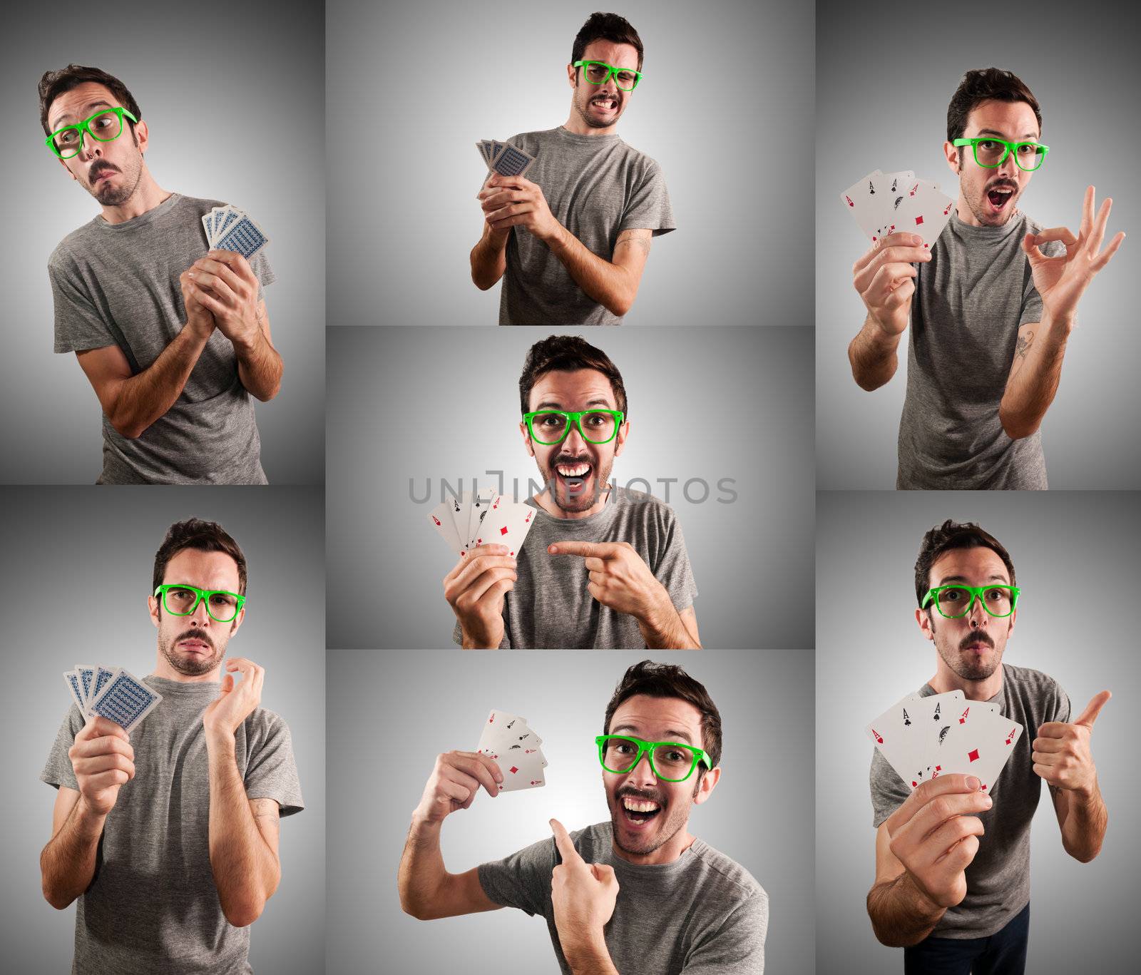 man playing poker with different expression set  by peus