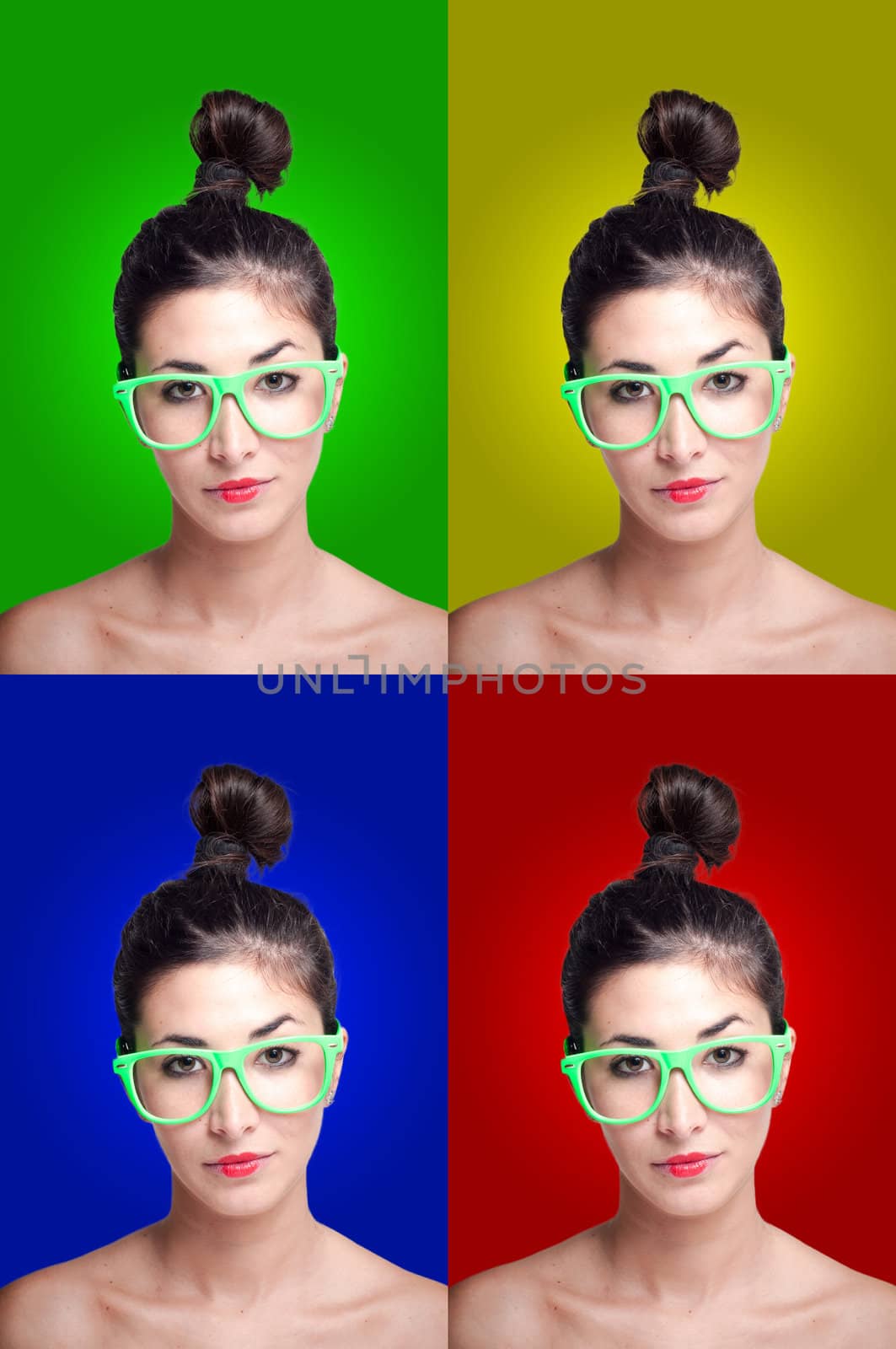 beautiful girl with green hipster eyeglasses set on colorful backgrounds