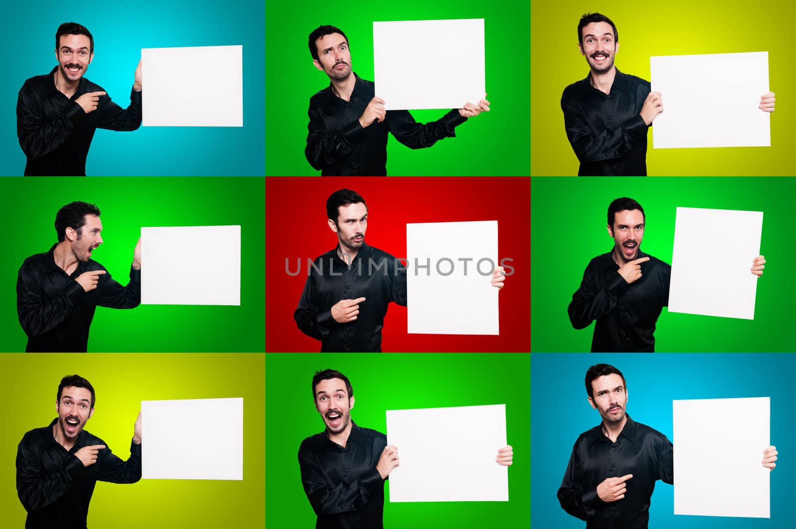 set of man holding boards with signs and symbols  by peus