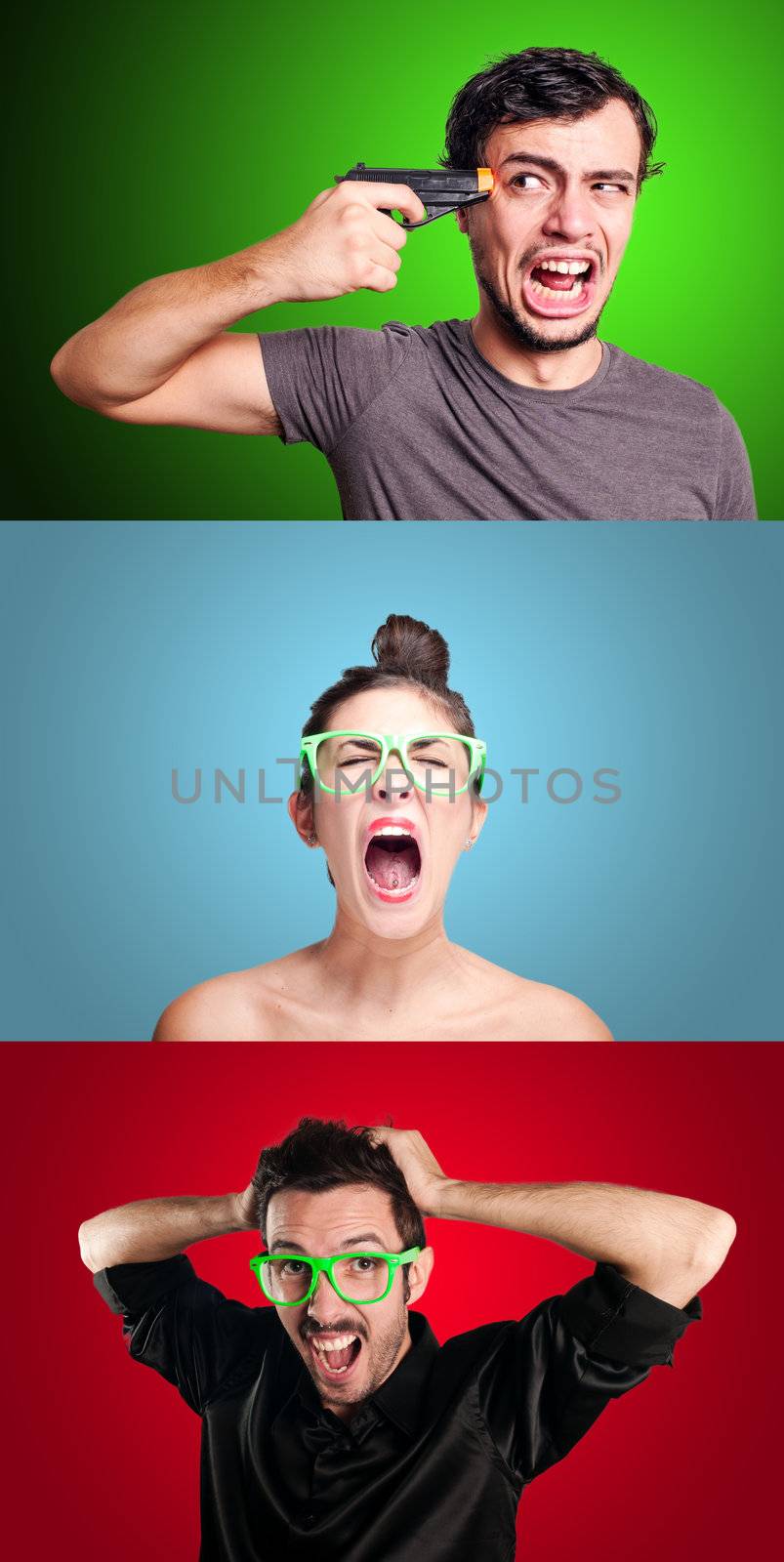 set of girl and two guys on colorful background