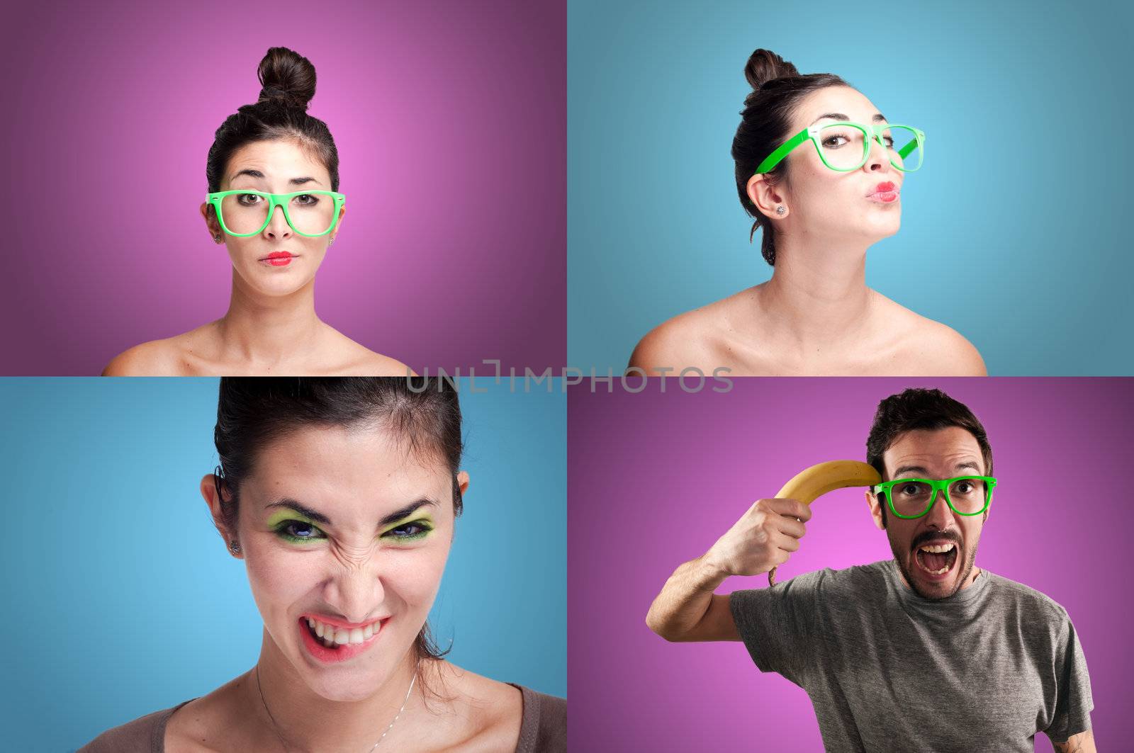 set of girls and guy on colorful background