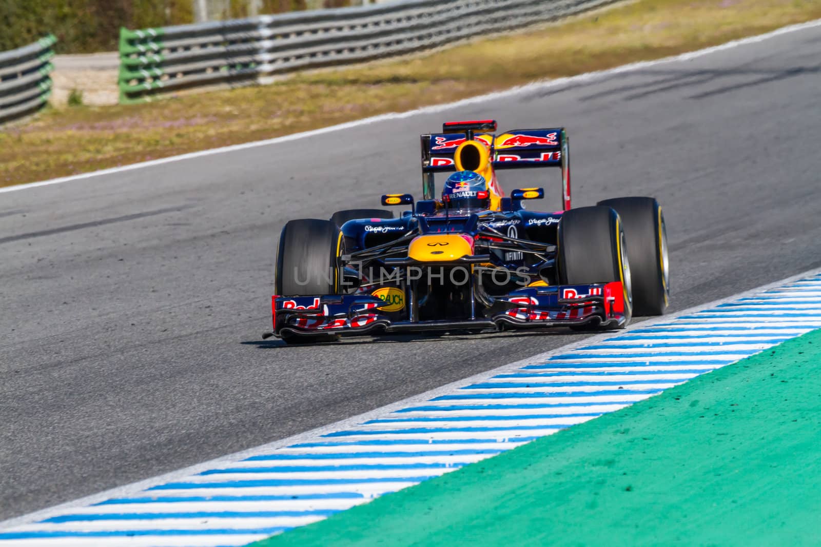 JEREZ DE LA FRONTERA, SPAIN - FEB 10: Sebastian Vettel of Red Bull F1 races on training session on February 10 , 2012, in Jerez de la Frontera , Spain