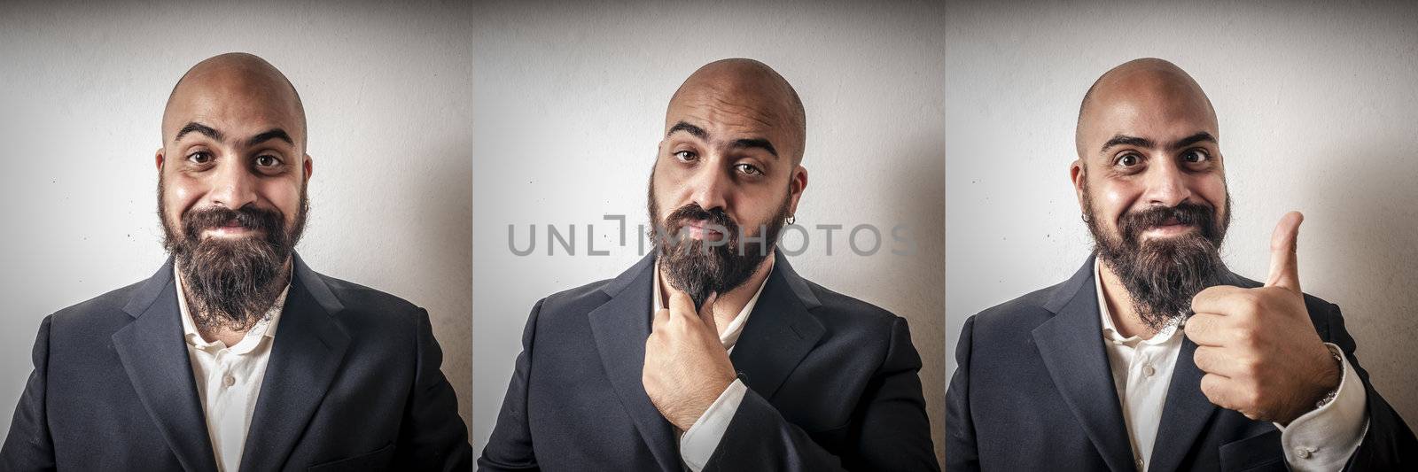 set of elegant bearded man with different expressions on grey background