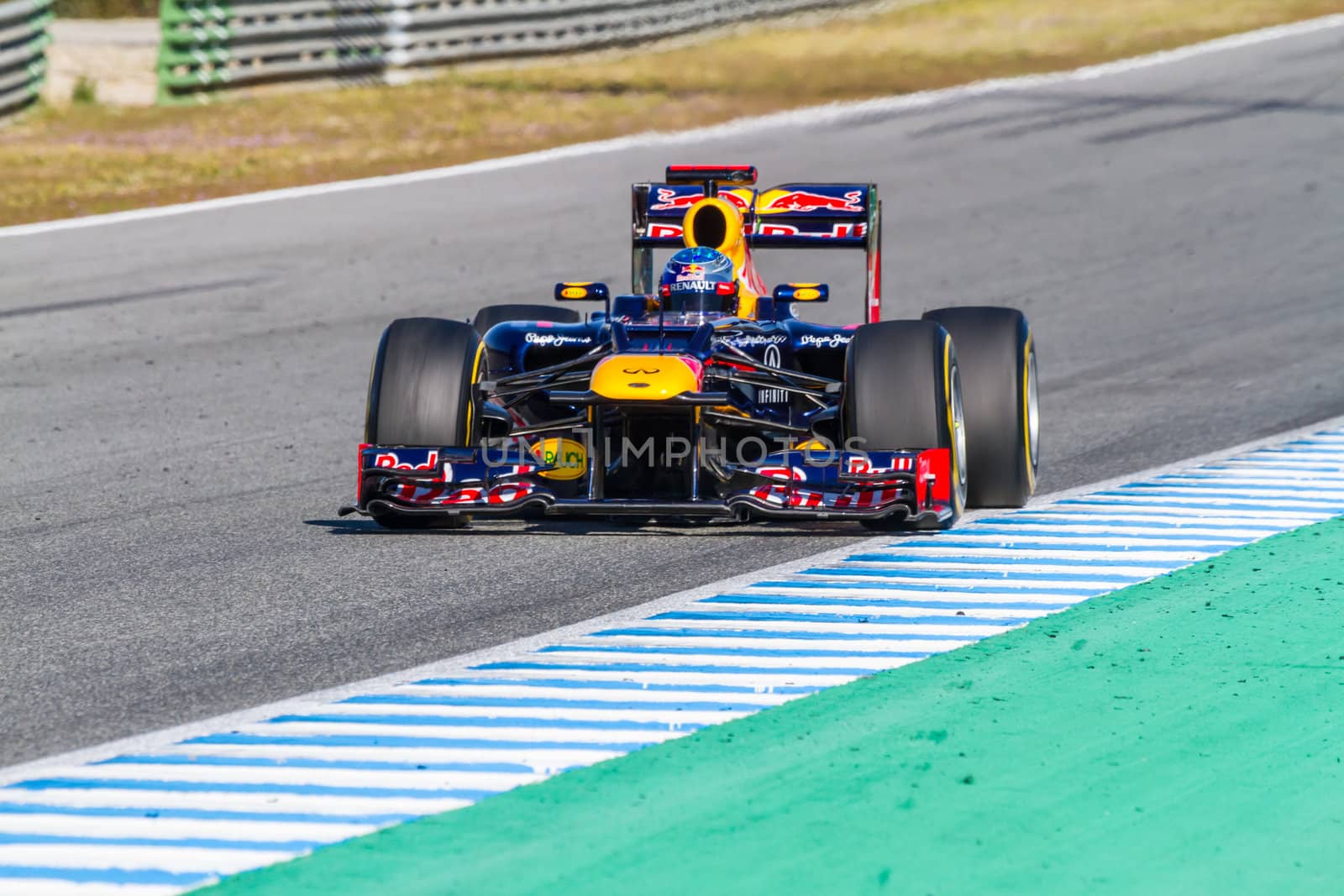 JEREZ DE LA FRONTERA, SPAIN - FEB 10: Sebastian Vettel of Red Bull F1 races on training session on February 10 , 2012, in Jerez de la Frontera , Spain
