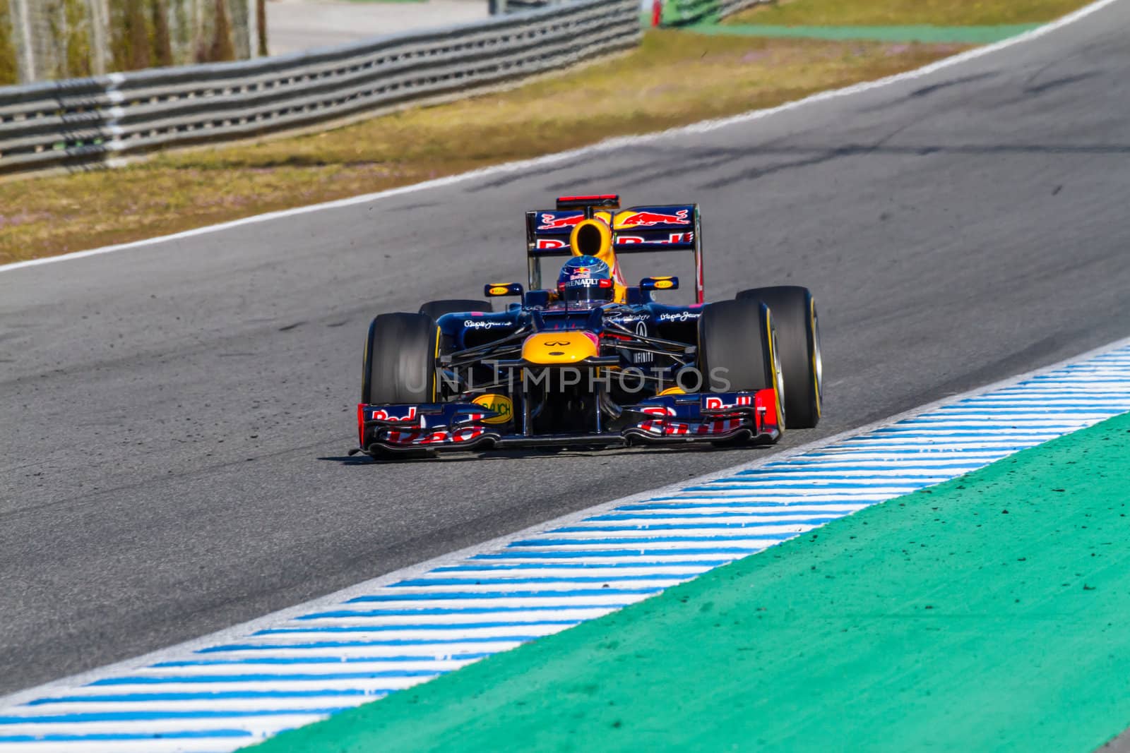 JEREZ DE LA FRONTERA, SPAIN - FEB 10: Sebastian Vettel of Red Bull F1 races on training session on February 10 , 2012, in Jerez de la Frontera , Spain