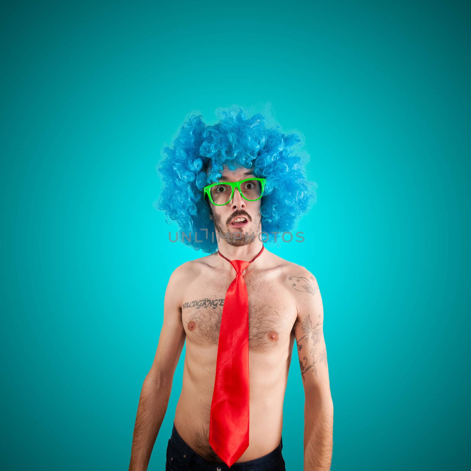 funny naked man with blue wig on blue background