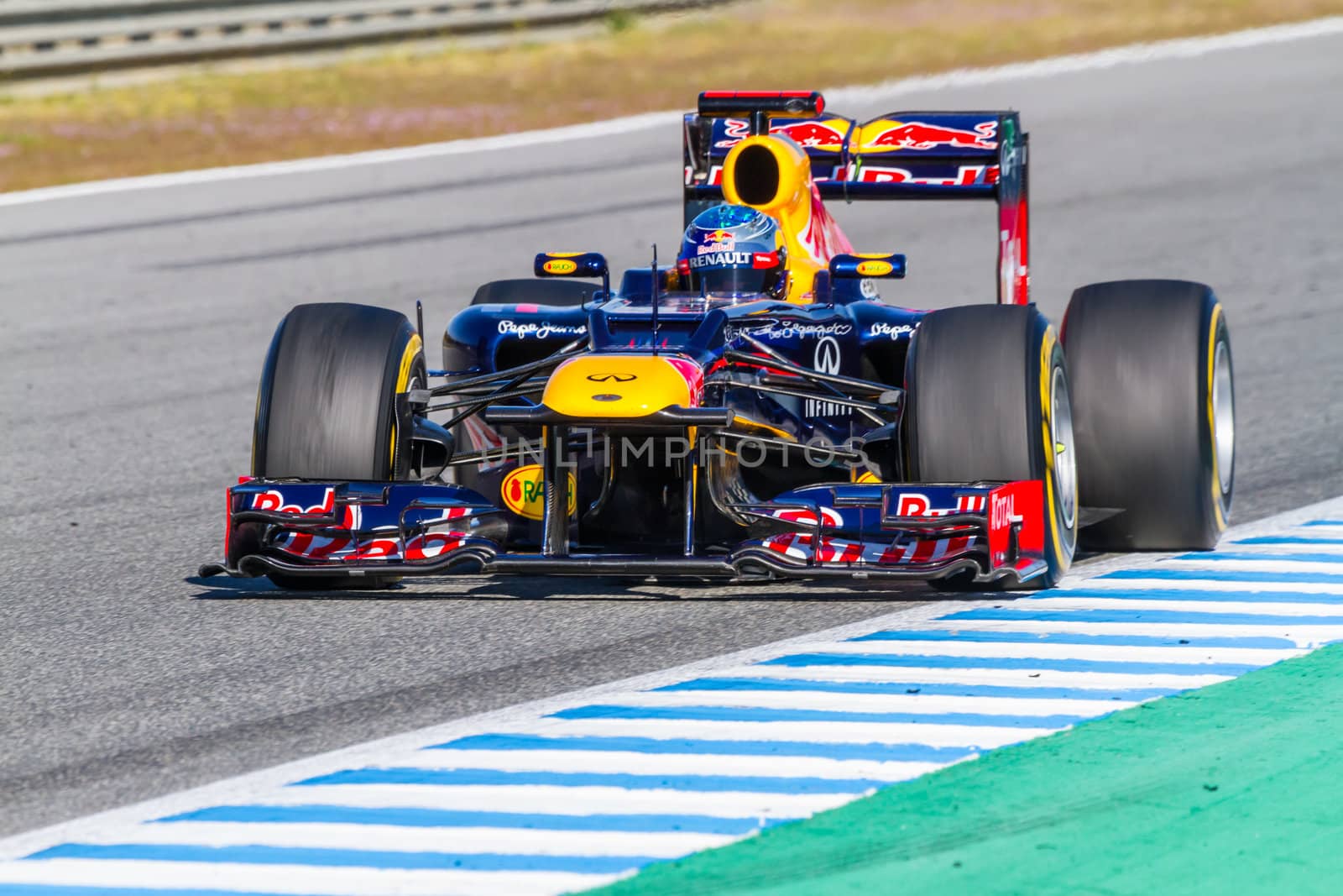 JEREZ DE LA FRONTERA, SPAIN - FEB 10: Sebastian Vettel of Red Bull F1 races on training session on February 10 , 2012, in Jerez de la Frontera , Spain