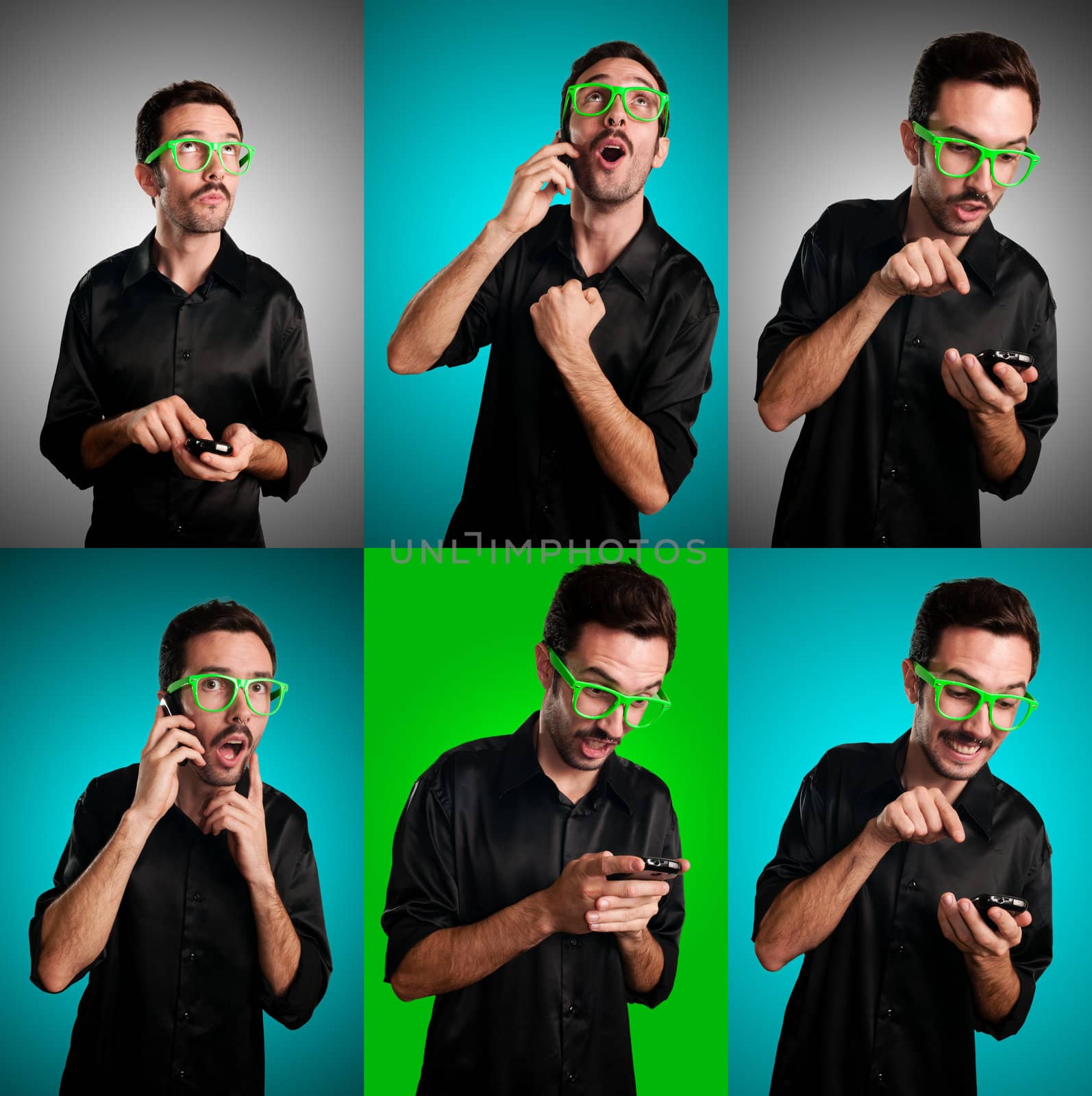 set of man with black shirt on the phone on colorful background