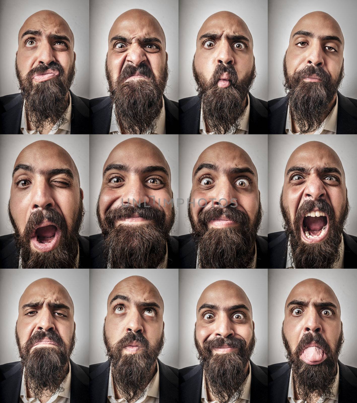 set of bearded man expressions on grey background