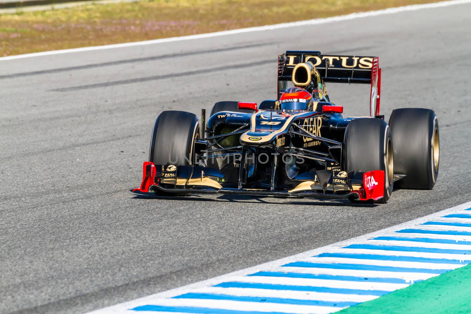 JEREZ DE LA FRONTERA, SPAIN - FEB 10: Romain Grosjean of Lotus Renault F1 races on training session on February 10 , 2012, in Jerez de la Frontera , Spain