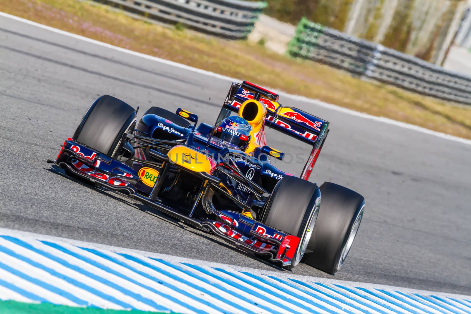 JEREZ DE LA FRONTERA, SPAIN - FEB 10: Sebastian Vettel of Red Bull F1 races on training session on February 10 , 2012, in Jerez de la Frontera , Spain