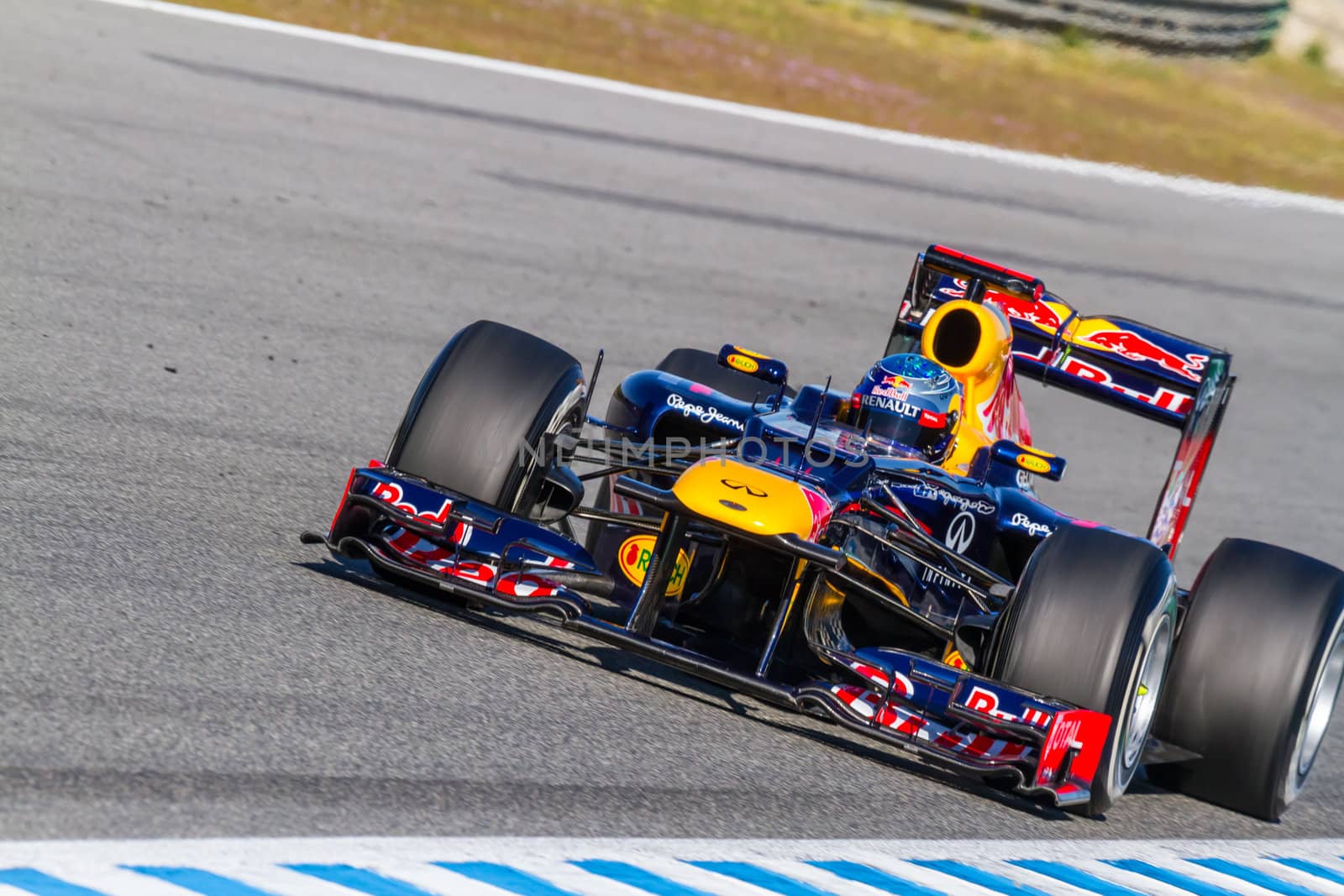 JEREZ DE LA FRONTERA, SPAIN - FEB 10: Sebastian Vettel of Red Bull F1 races on training session on February 10 , 2012, in Jerez de la Frontera , Spain