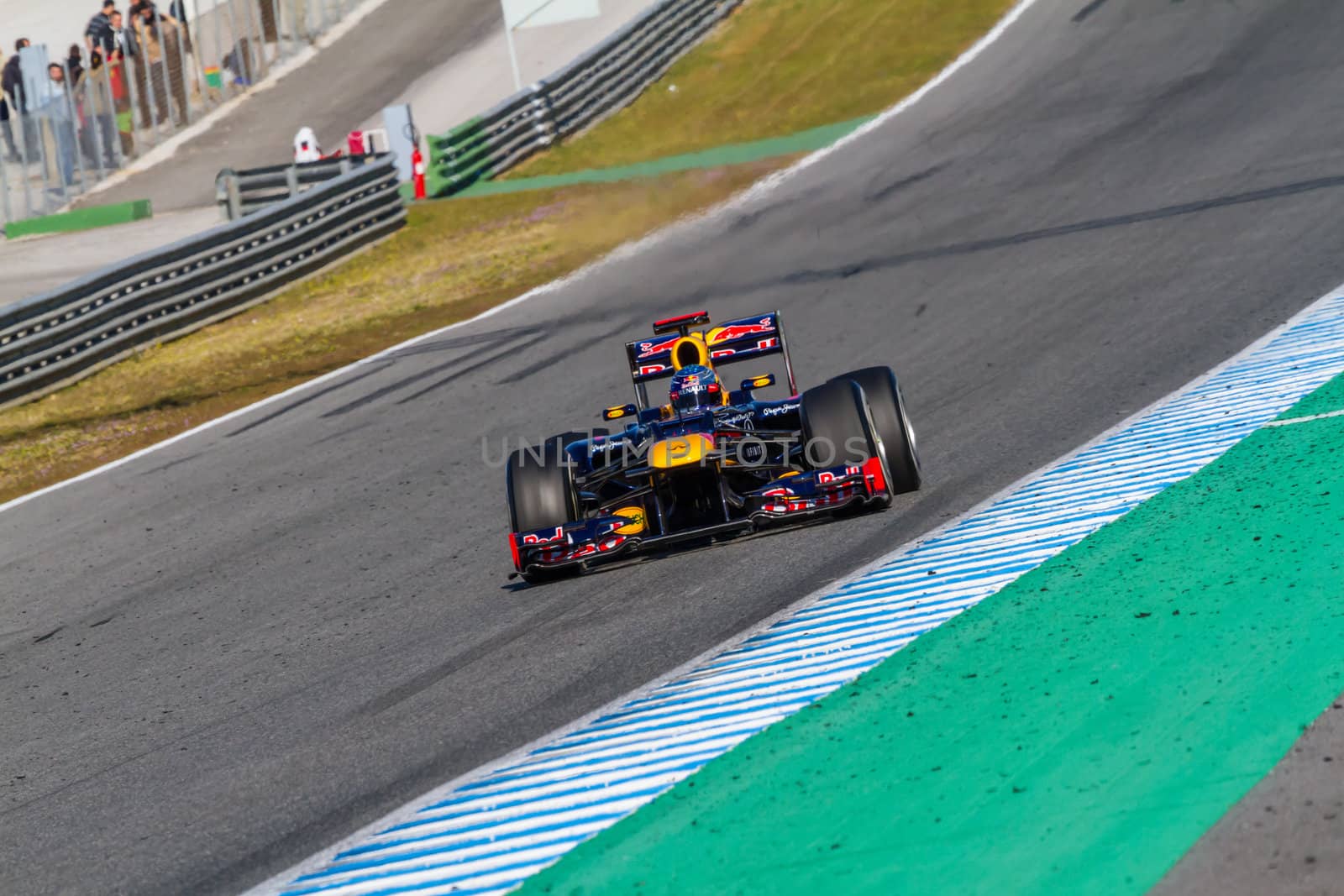 JEREZ DE LA FRONTERA, SPAIN - FEB 10: Sebastian Vettel of Red Bull F1 races on training session on February 10 , 2012, in Jerez de la Frontera , Spain
