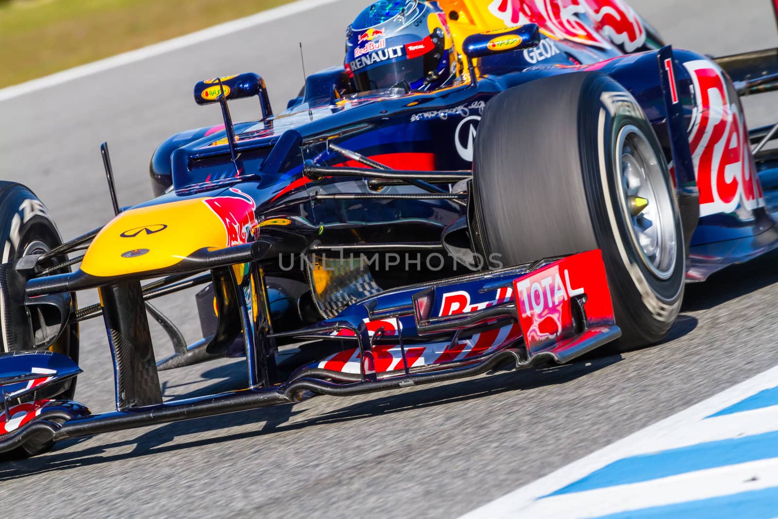 JEREZ DE LA FRONTERA, SPAIN - FEB 10: Sebastian Vettel of Red Bull F1 races on training session on February 10 , 2012, in Jerez de la Frontera , Spain