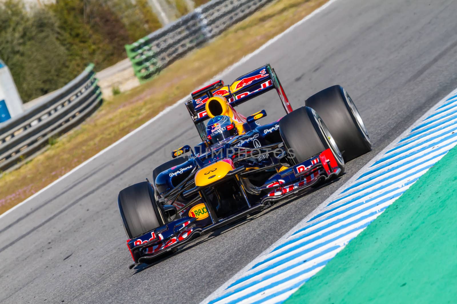 JEREZ DE LA FRONTERA, SPAIN - FEB 10: Sebastian Vettel of Red Bull F1 races on training session on February 10 , 2012, in Jerez de la Frontera , Spain