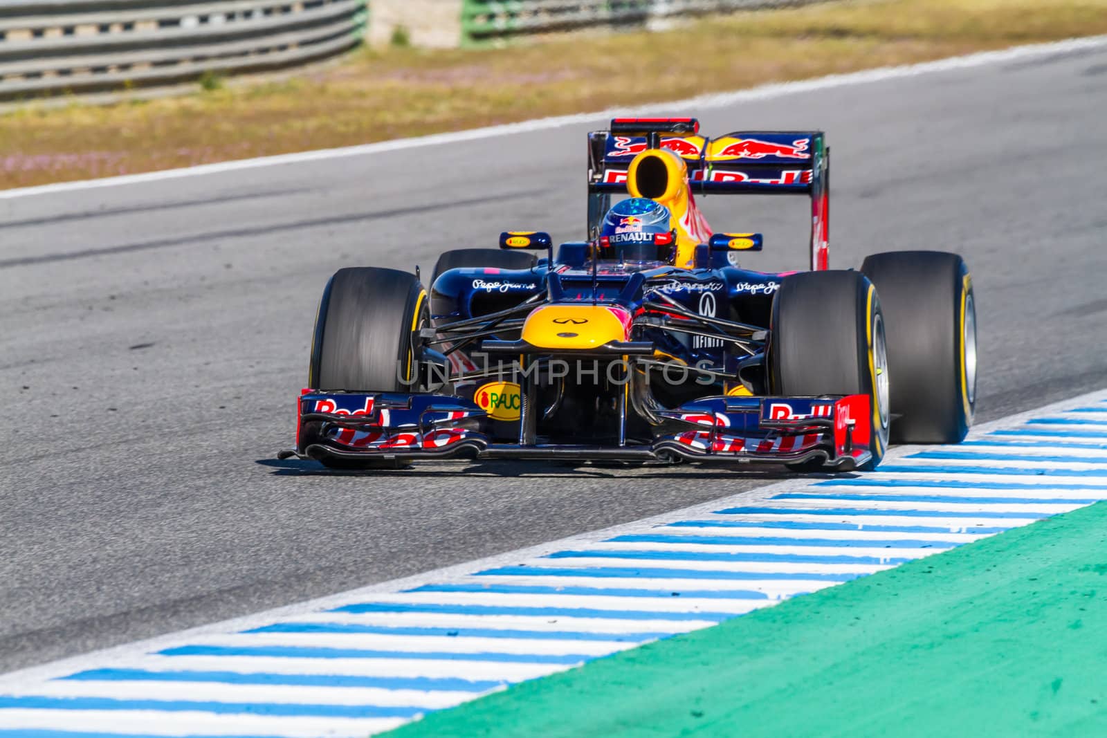 JEREZ DE LA FRONTERA, SPAIN - FEB 10: Sebastian Vettel of Red Bull F1 races on training session on February 10 , 2012, in Jerez de la Frontera , Spain