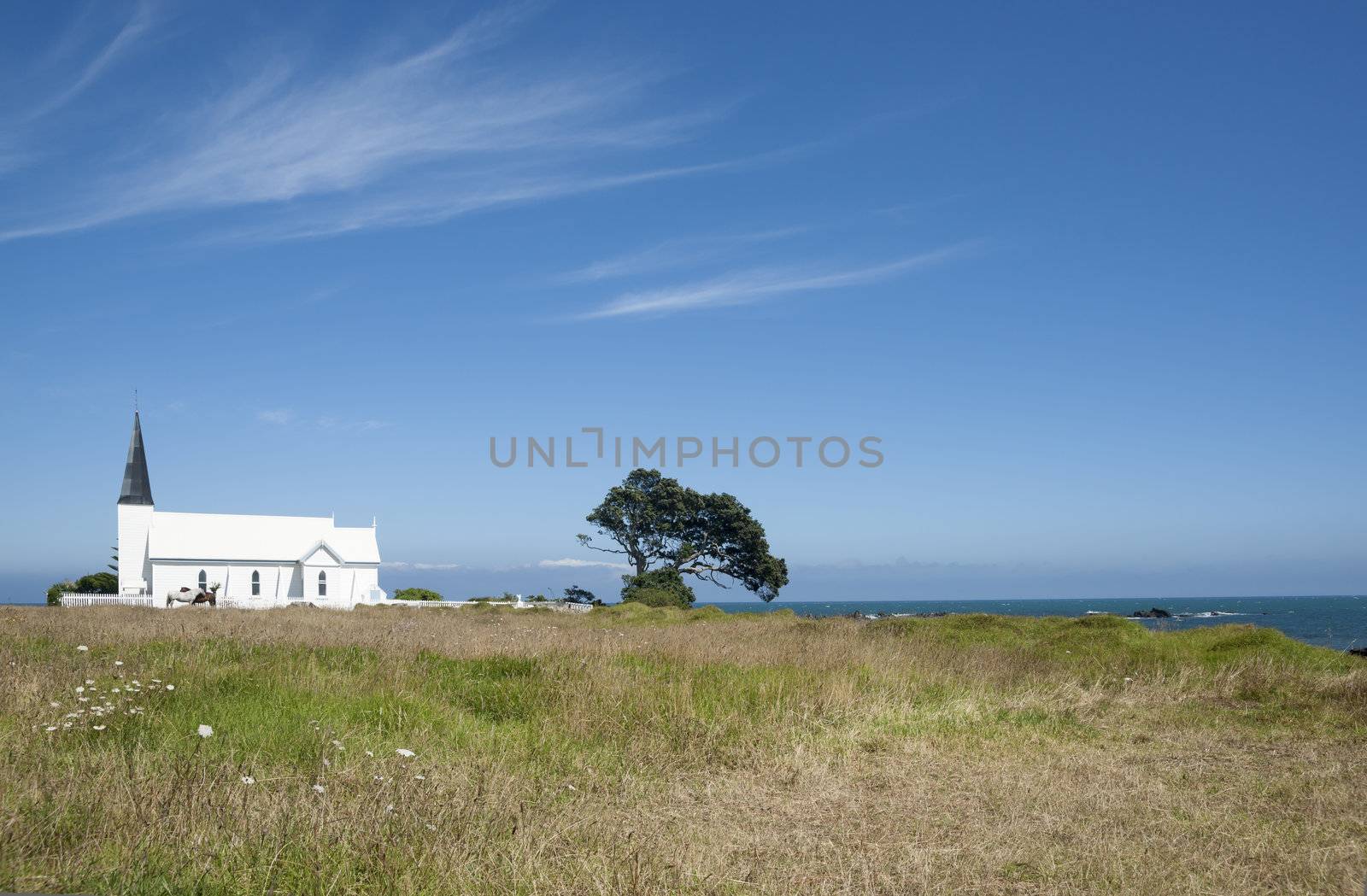 Traditional white church with horses outside in remote location.







Traditional white church with horses outside.