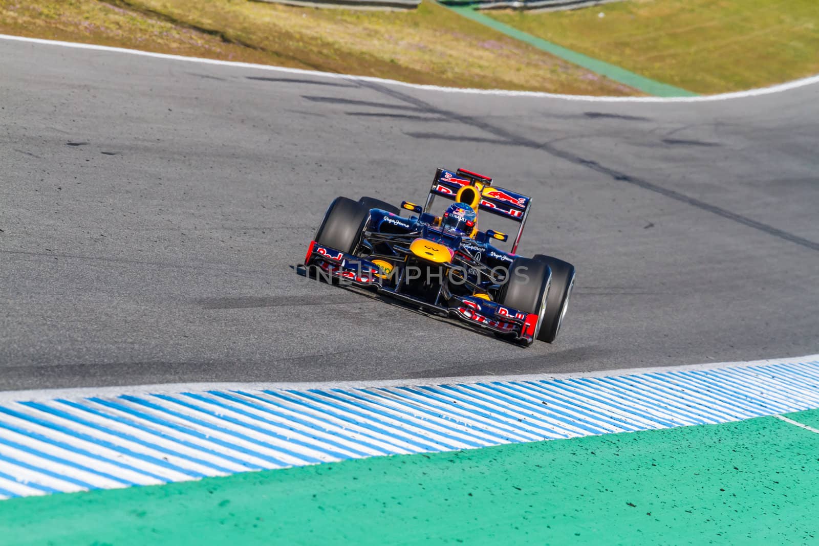 JEREZ DE LA FRONTERA, SPAIN - FEB 10: Sebastian Vettel of Red Bull F1 races on training session on February 10 , 2012, in Jerez de la Frontera , Spain