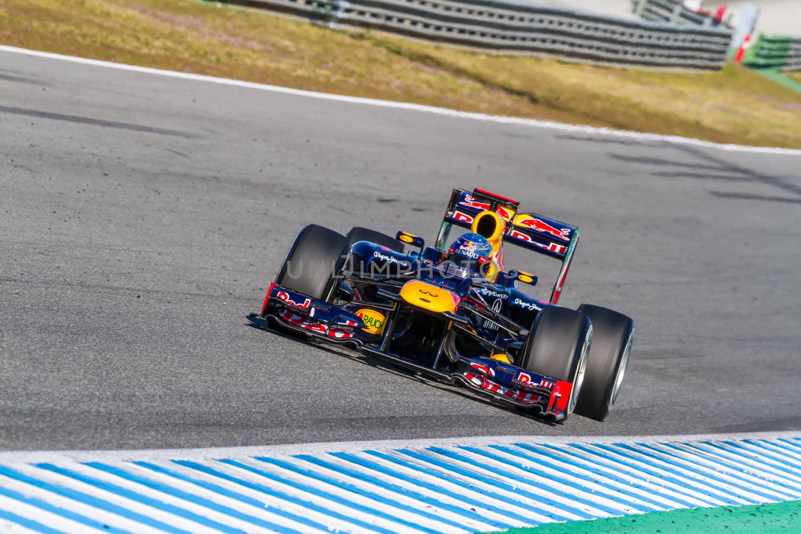 JEREZ DE LA FRONTERA, SPAIN - FEB 10: Sebastian Vettel of Red Bull F1 races on training session on February 10 , 2012, in Jerez de la Frontera , Spain