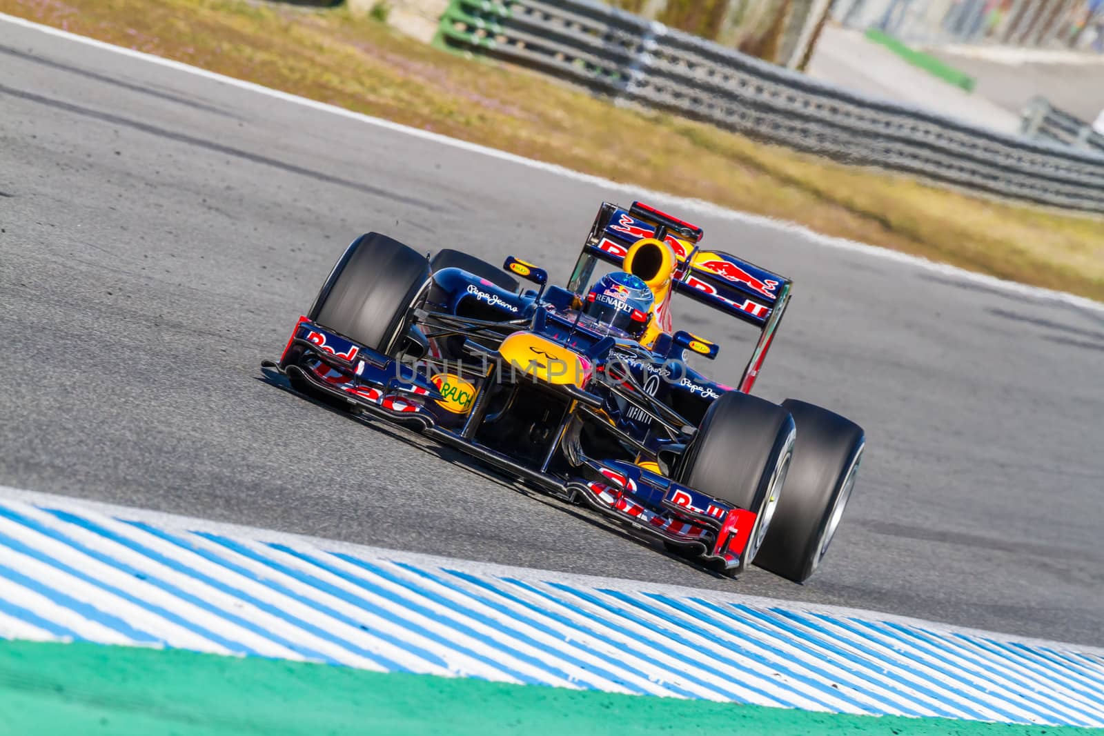 JEREZ DE LA FRONTERA, SPAIN - FEB 10: Sebastian Vettel of Red Bull F1 races on training session on February 10 , 2012, in Jerez de la Frontera , Spain