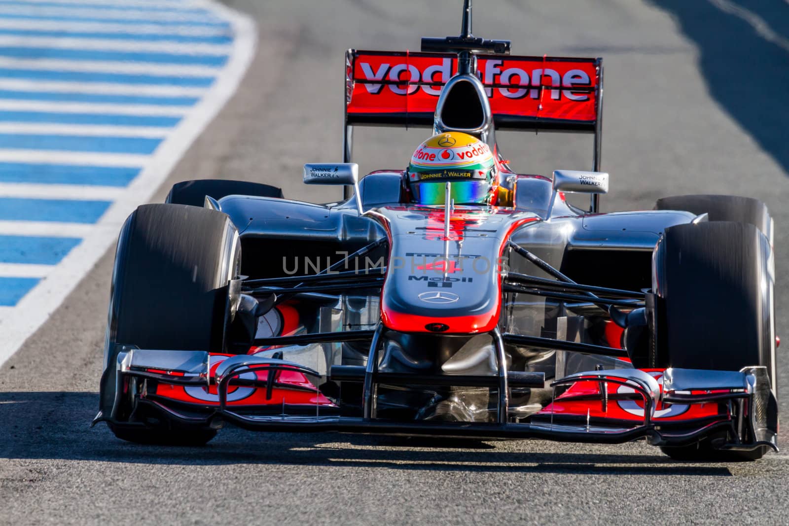 JEREZ DE LA FRONTERA, SPAIN - FEB 10: Lewis Hamilton of McLaren F1 leaving the pit on training session on February 10 , 2012, in Jerez de la Frontera , Spain