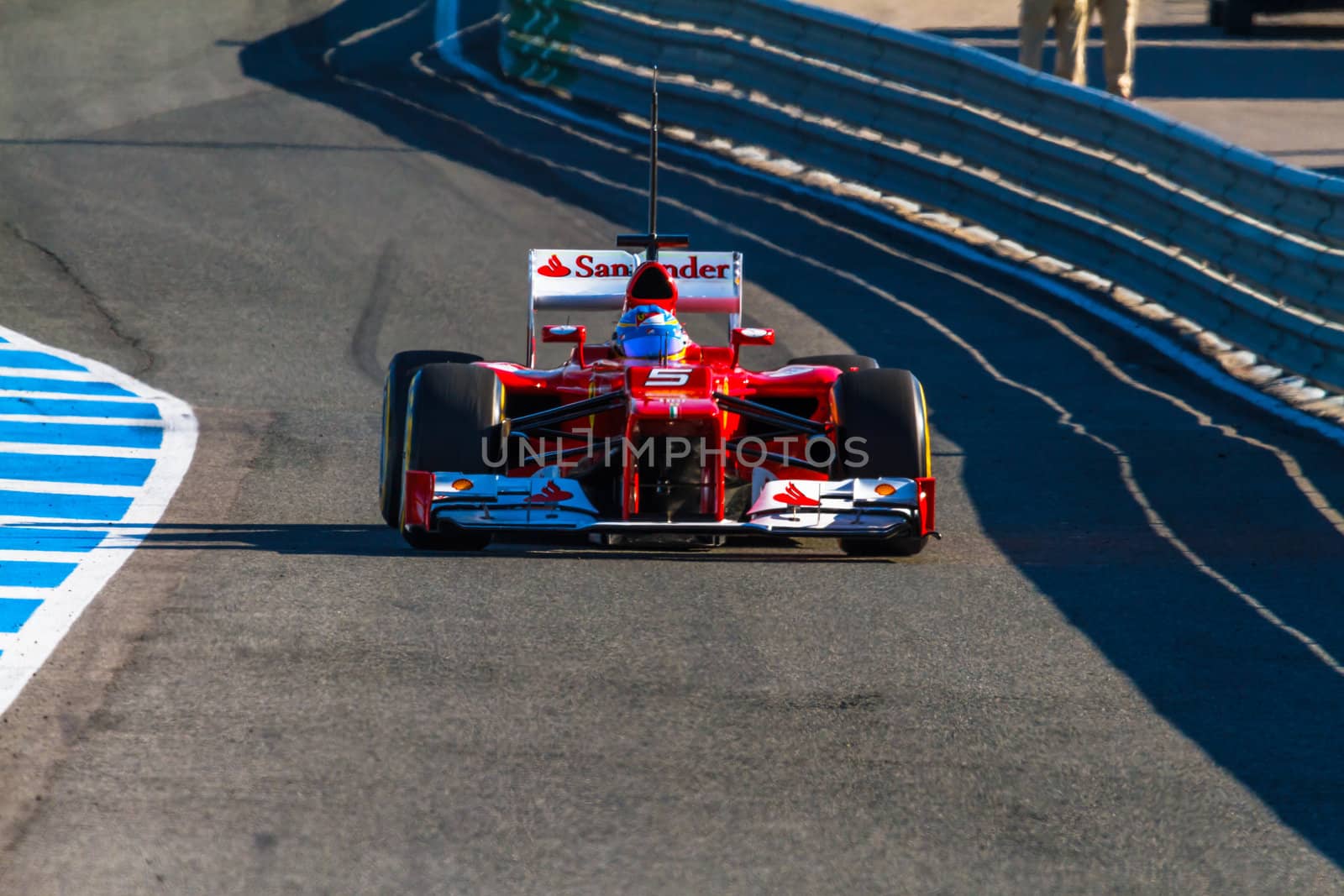 JEREZ DE LA FRONTERA, SPAIN - FEB 10: Fernando Alonso of Scuderia Ferrari F1 leaving the pit on training session on February 10 , 2012, in Jerez de la Frontera , Spain