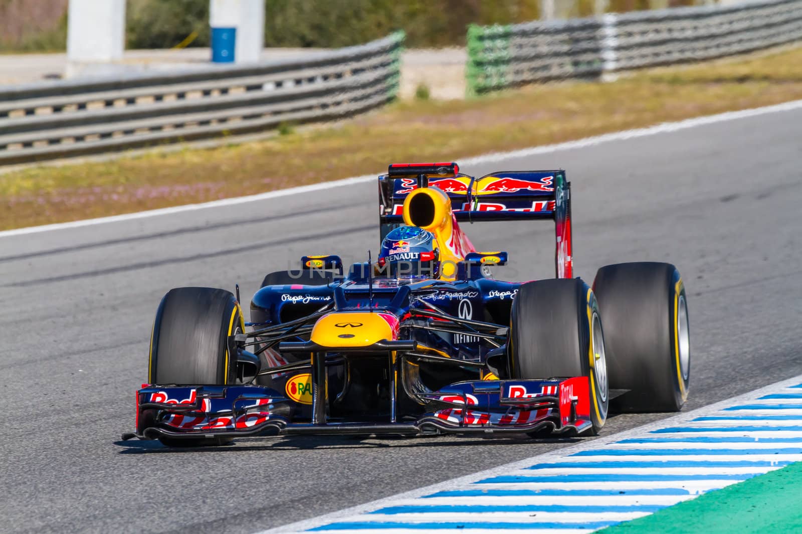 JEREZ DE LA FRONTERA, SPAIN - FEB 10: Sebastian Vettel of Red Bull F1 races on training session on February 10 , 2012, in Jerez de la Frontera , Spain