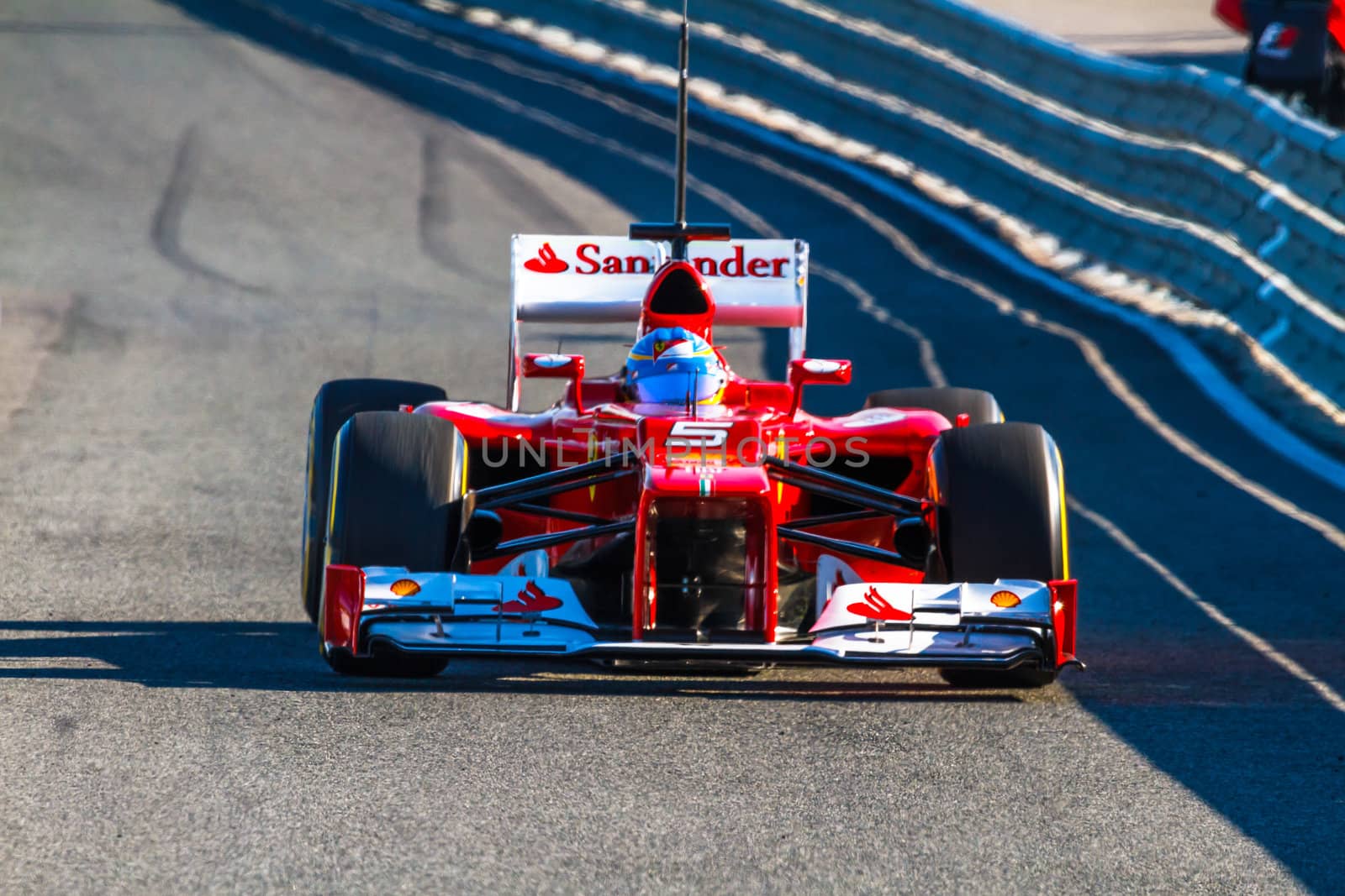 JEREZ DE LA FRONTERA, SPAIN - FEB 10: Fernando Alonso of Scuderia Ferrari F1 leaving the pit on training session on February 10 , 2012, in Jerez de la Frontera , Spain