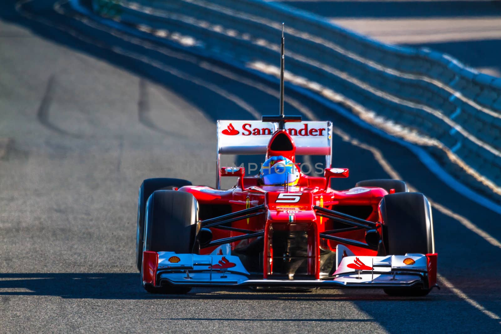 JEREZ DE LA FRONTERA, SPAIN - FEB 10: Fernando Alonso of Scuderia Ferrari F1 leaving the pit on training session on February 10 , 2012, in Jerez de la Frontera , Spain